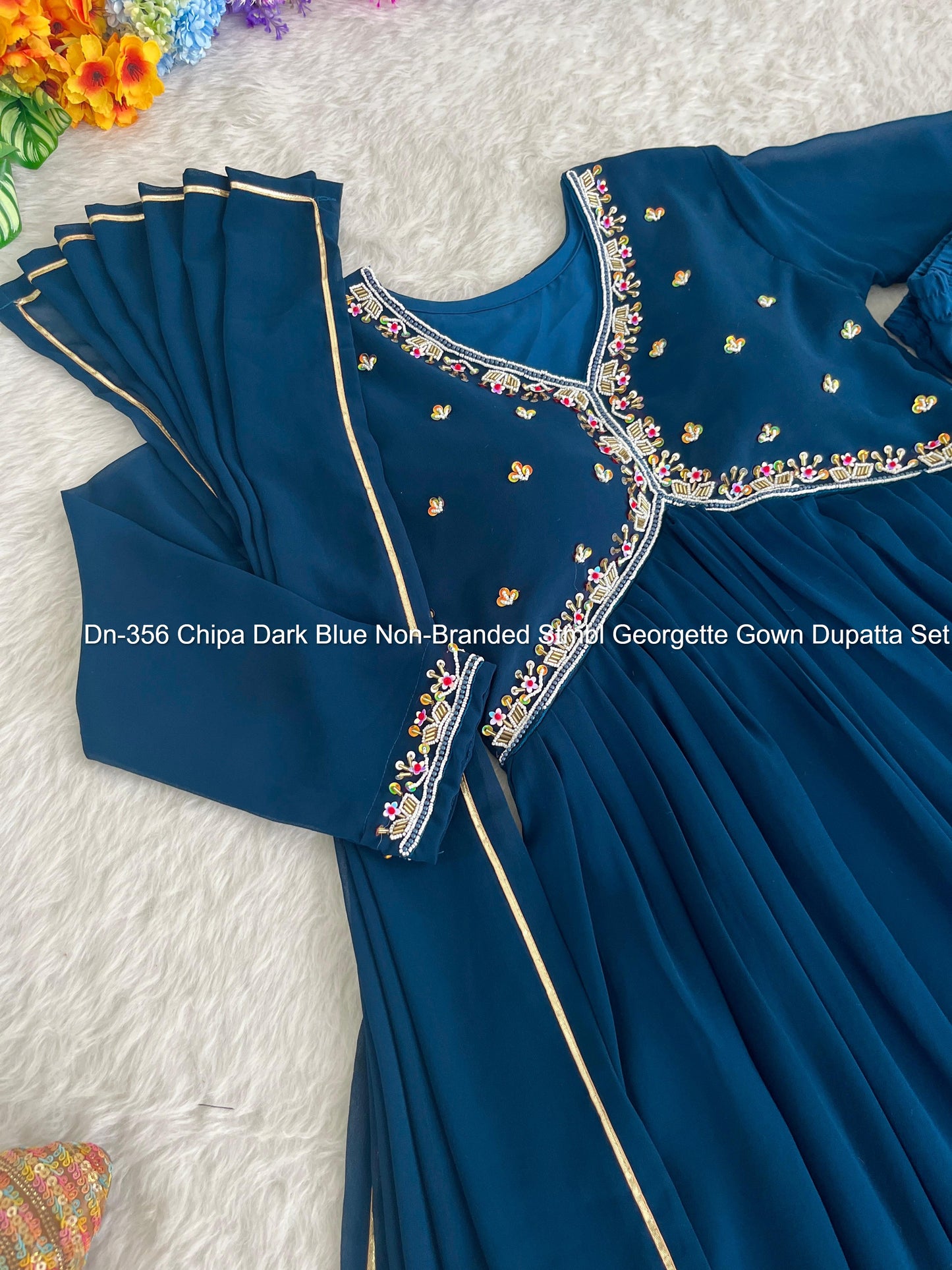 Dn-356 Chipa Dark Blue Non-Branded Stmbl Georgette Gown Dupatta Set