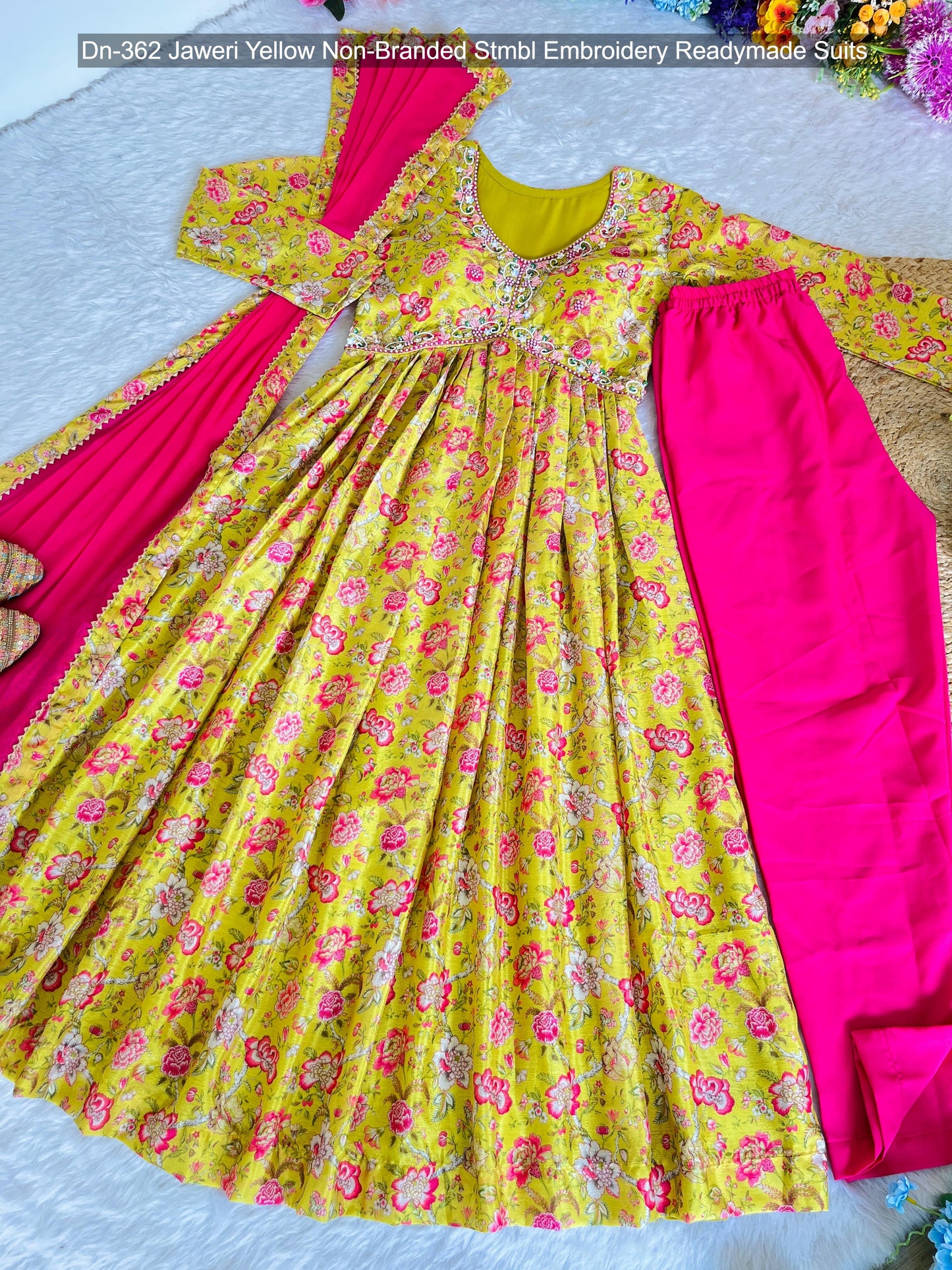 Dn-362 Jaweri Yellow Non-Branded Stmbl Embroidery Readymade Suits