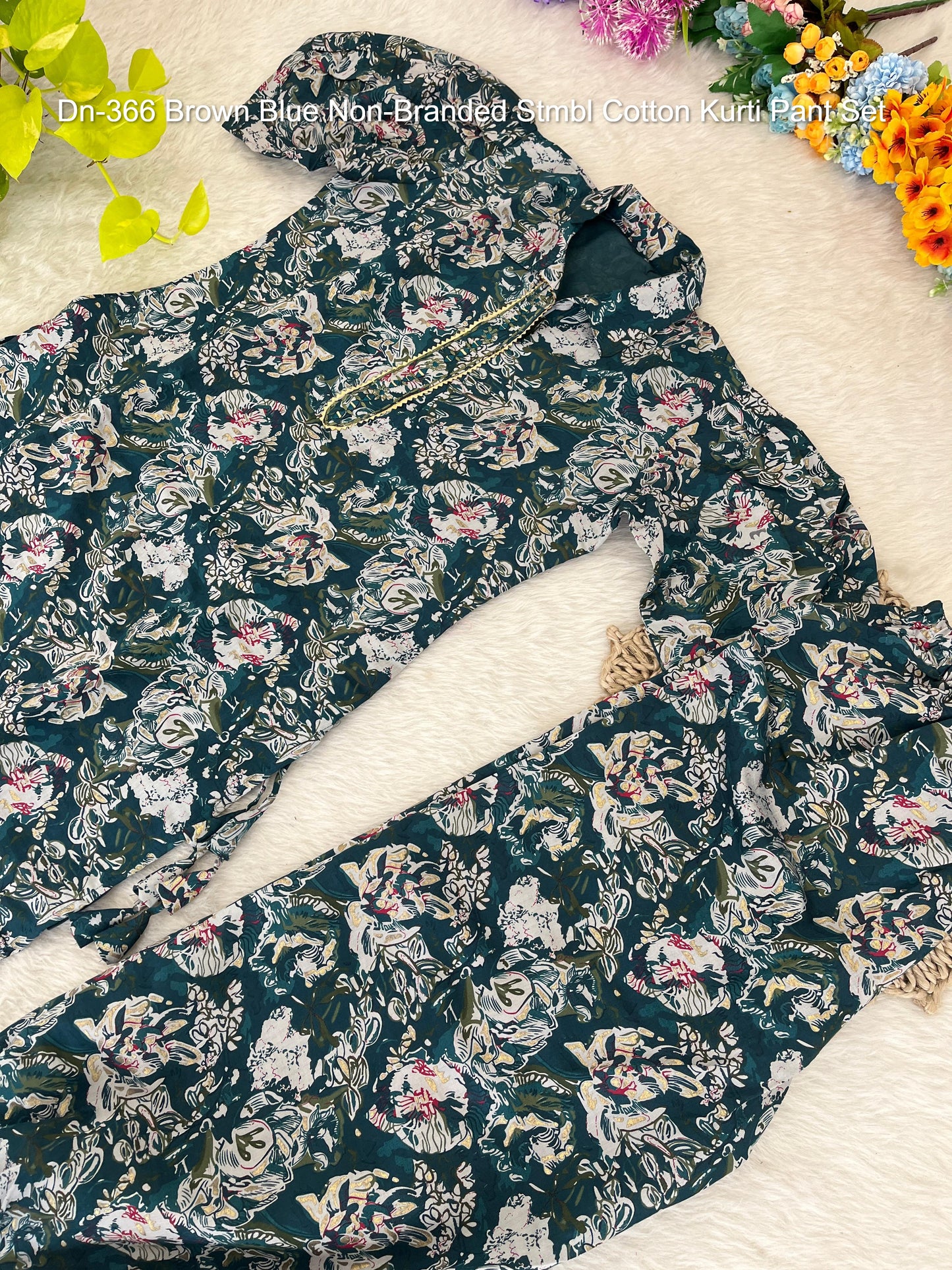 Dn-366 Brown Blue Non-Branded Stmbl Cotton Kurti Pant Set