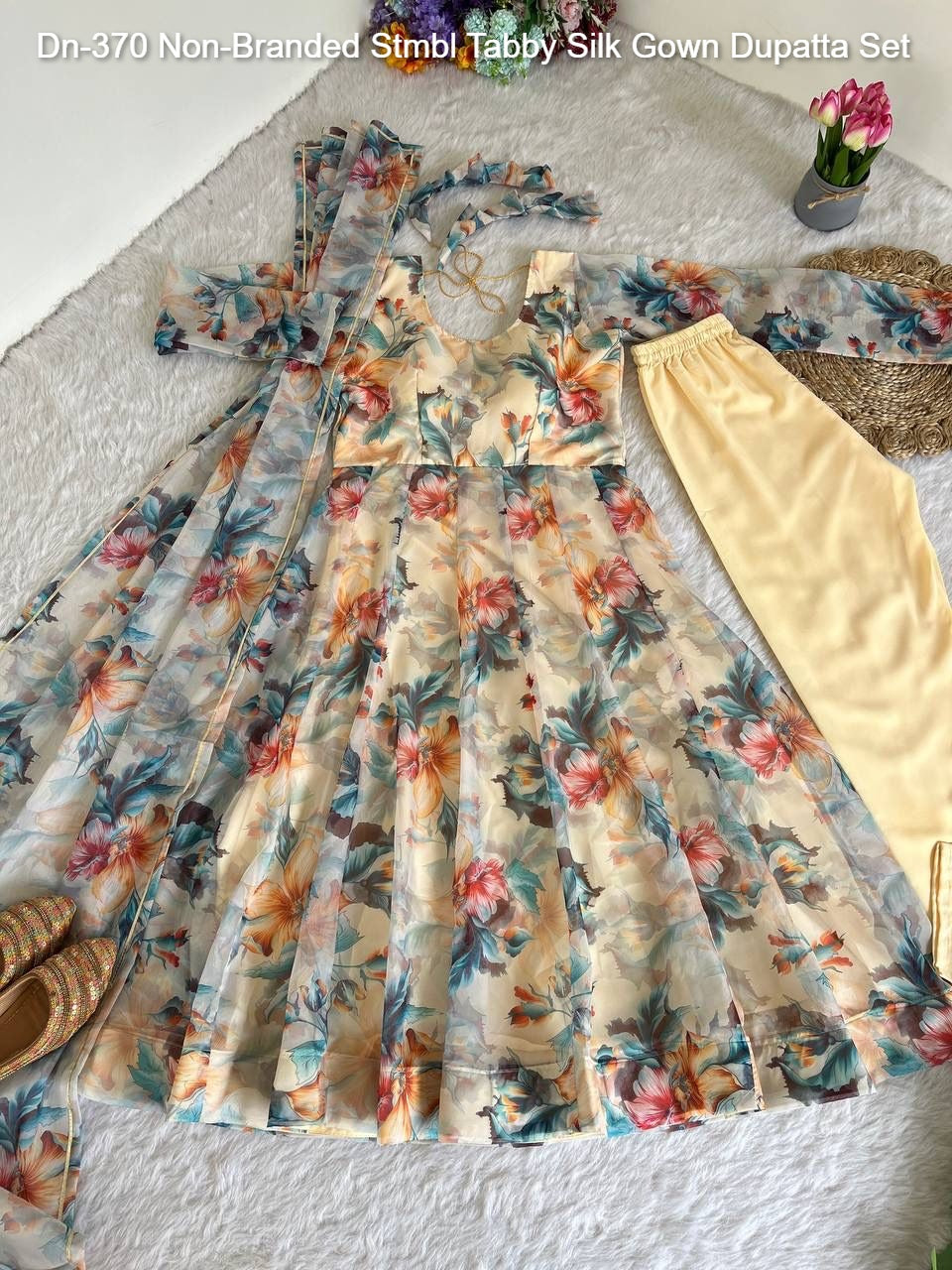 Dn-370 Non-Branded Stmbl Tabby Silk Gown Dupatta Set