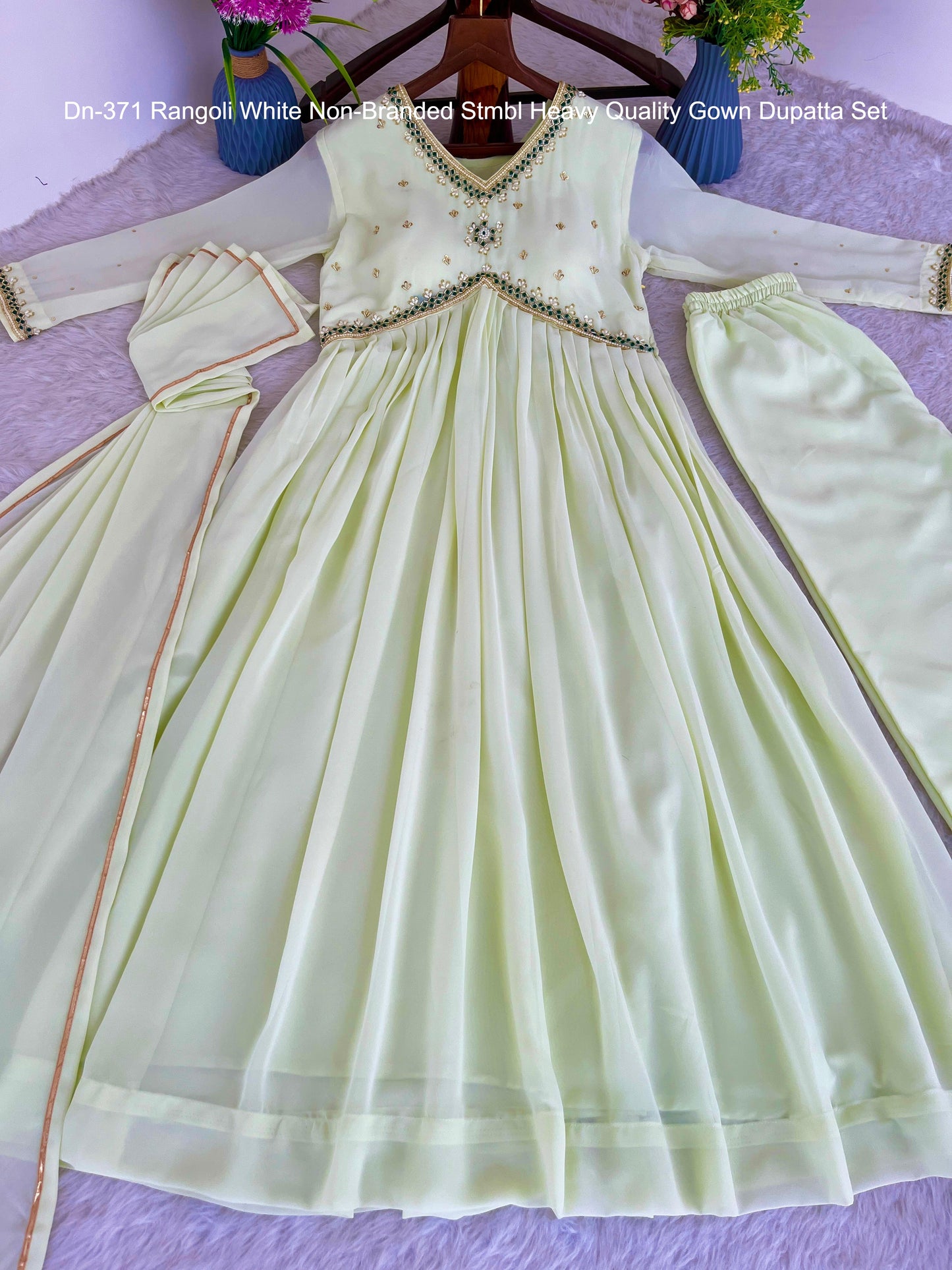 Dn-371 Rangoli White Non-Branded Stmbl Heavy Quality Gown Dupatta Set