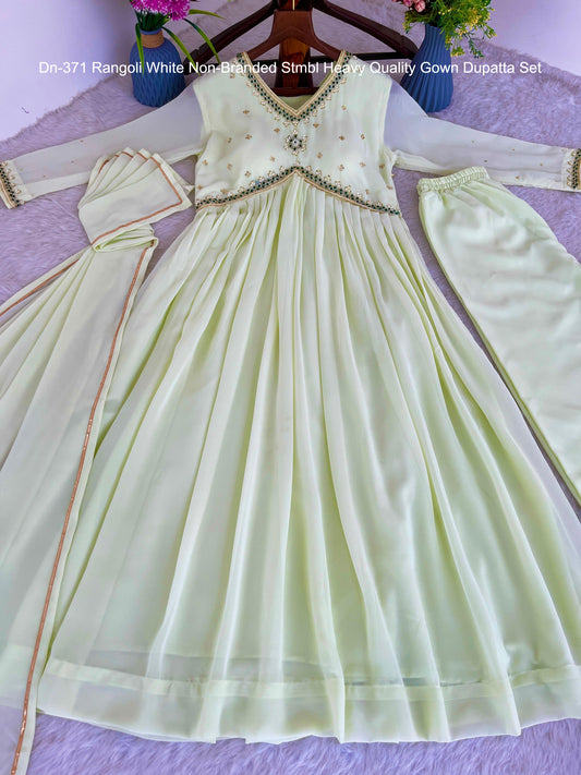 Dn-371 Rangoli White Non-Branded Stmbl Heavy Quality Gown Dupatta Set