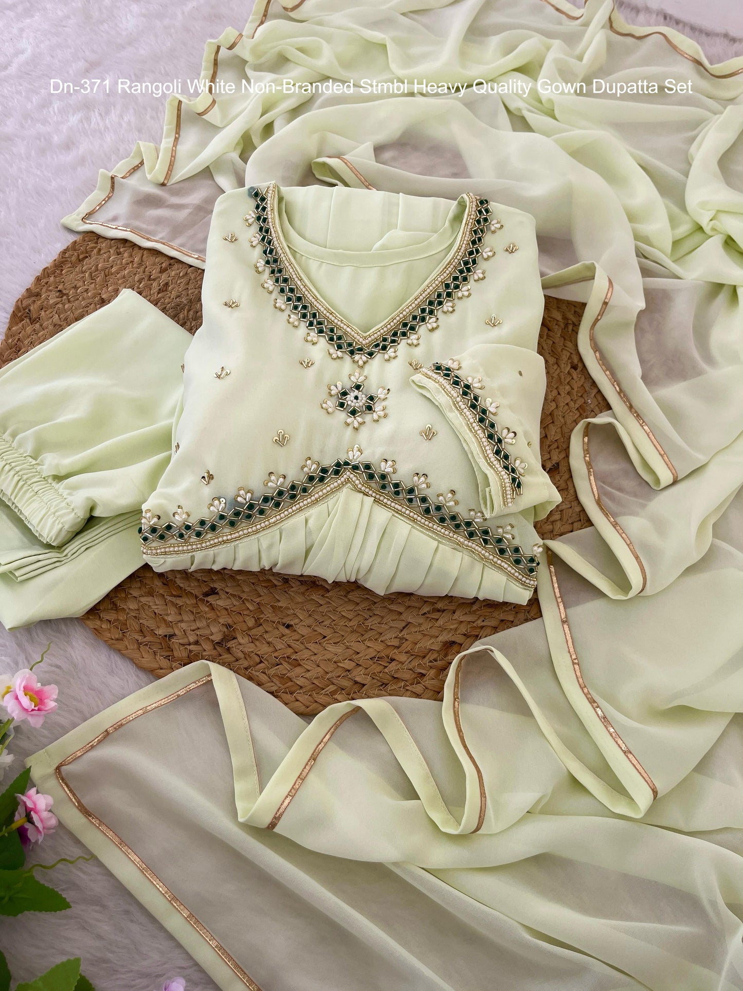 Dn-371 Rangoli White Non-Branded Stmbl Heavy Quality Gown Dupatta Set