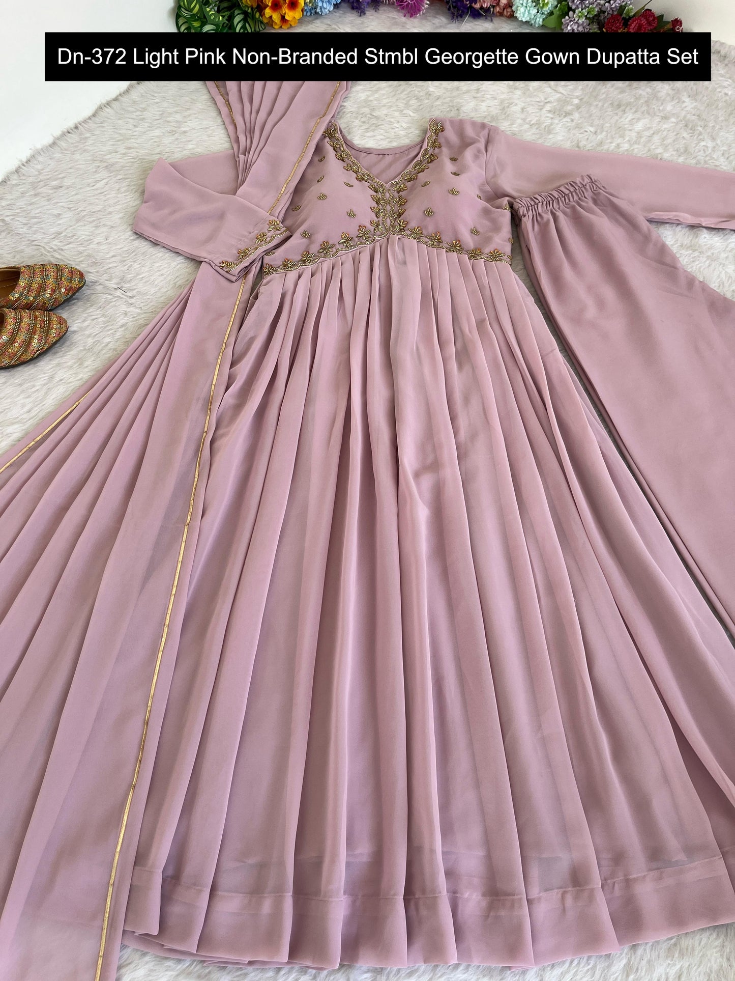 Dn-372 Light Pink Non-Branded Stmbl Georgette Gown Dupatta Set