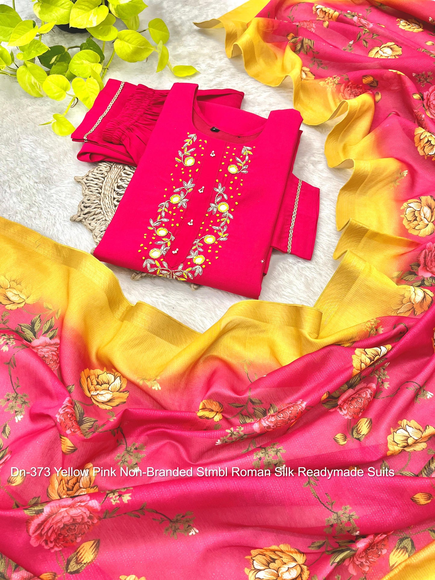 Dn-373 Yellow Pink Non-Branded Stmbl Roman Silk Readymade Suits