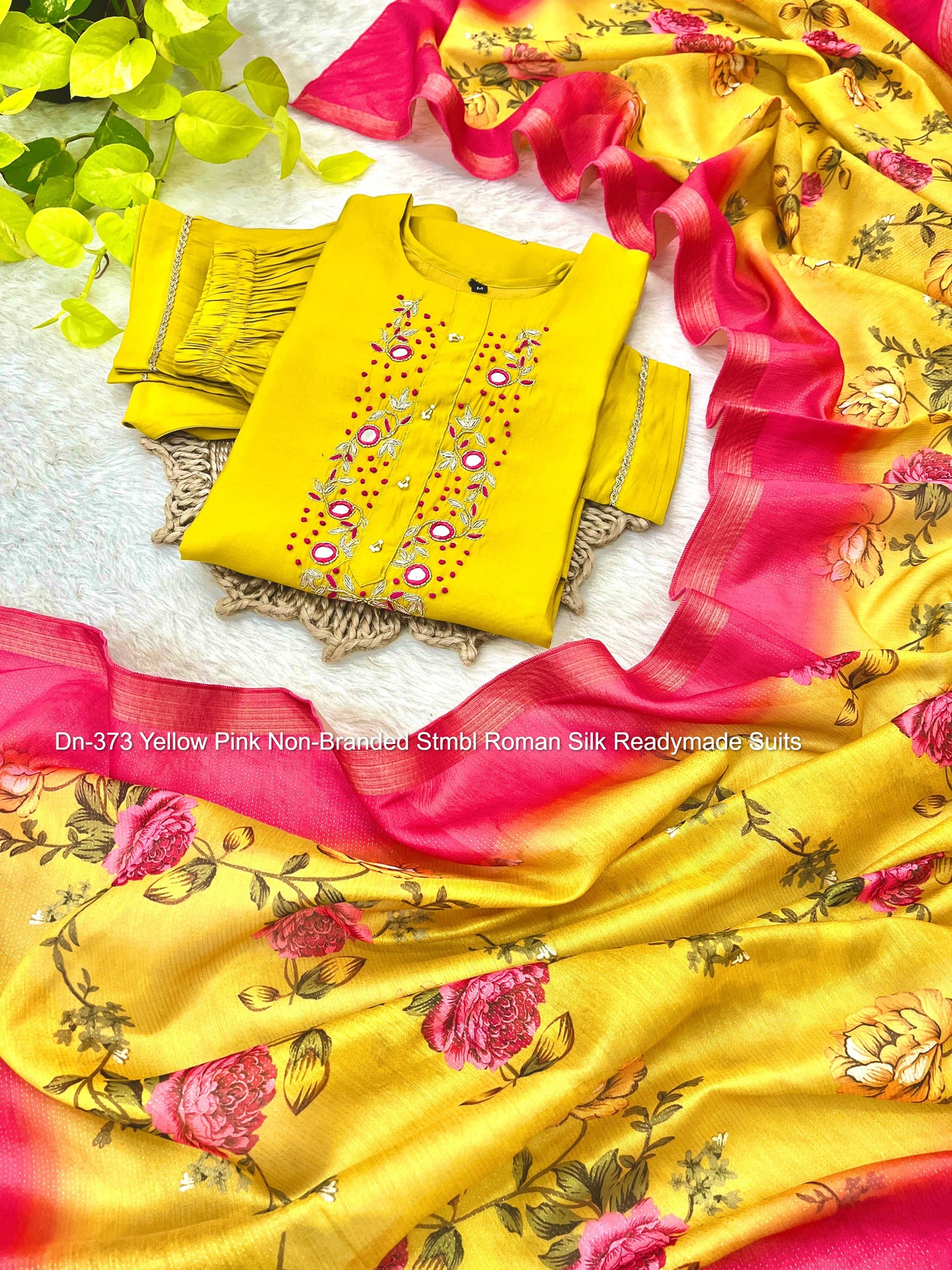 Dn-373 Yellow Pink Non-Branded Stmbl Roman Silk Readymade Suits