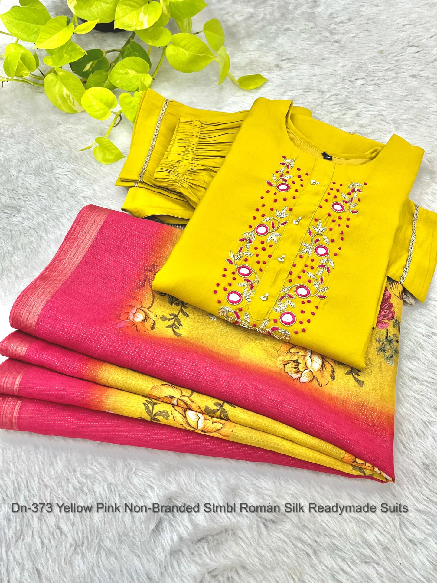 Dn-373 Yellow Pink Non-Branded Stmbl Roman Silk Readymade Suits