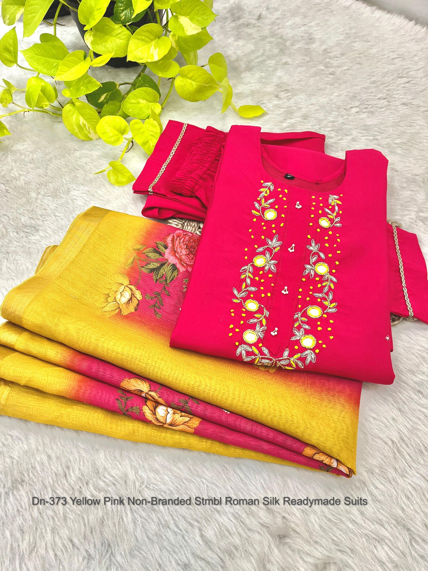Dn-373 Yellow Pink Non-Branded Stmbl Roman Silk Readymade Suits