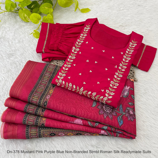 Dn-378 Mustard Pink Purple Blue Non-Branded Stmbl Roman Silk Readymade Suits