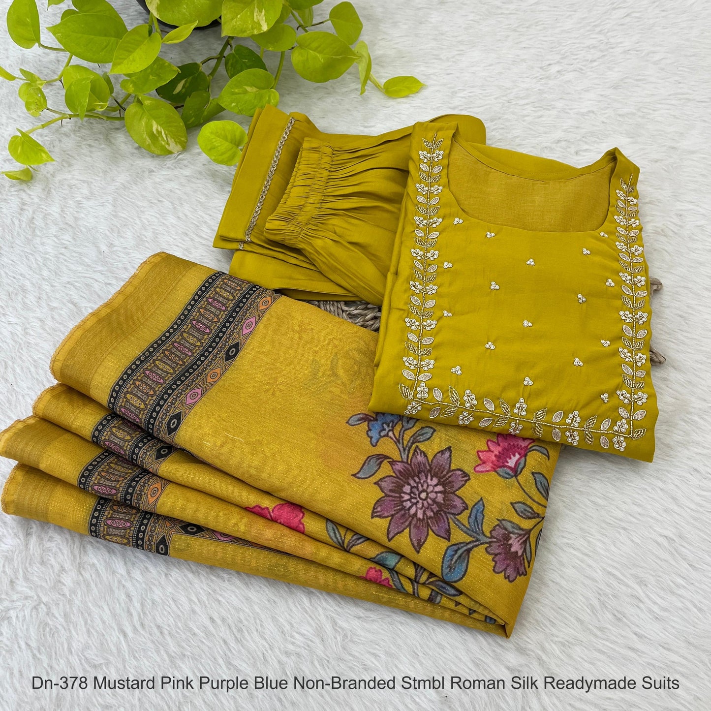 Dn-378 Mustard Pink Purple Blue Non-Branded Stmbl Roman Silk Readymade Suits