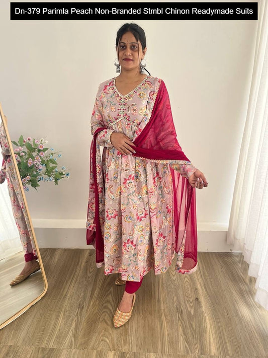 Dn-379 Parimla Peach Non-Branded Stmbl Chinon Readymade Suits