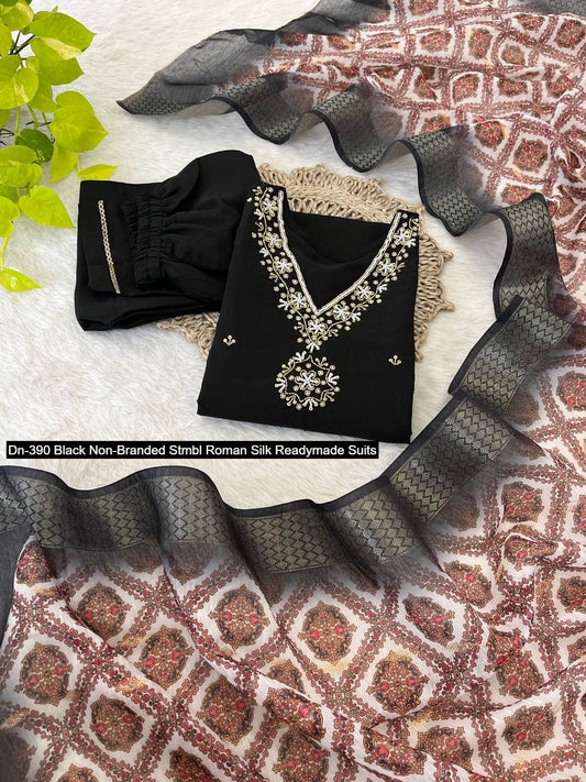 Dn-390 Black Non-Branded Stmbl Roman Silk Readymade Suits
