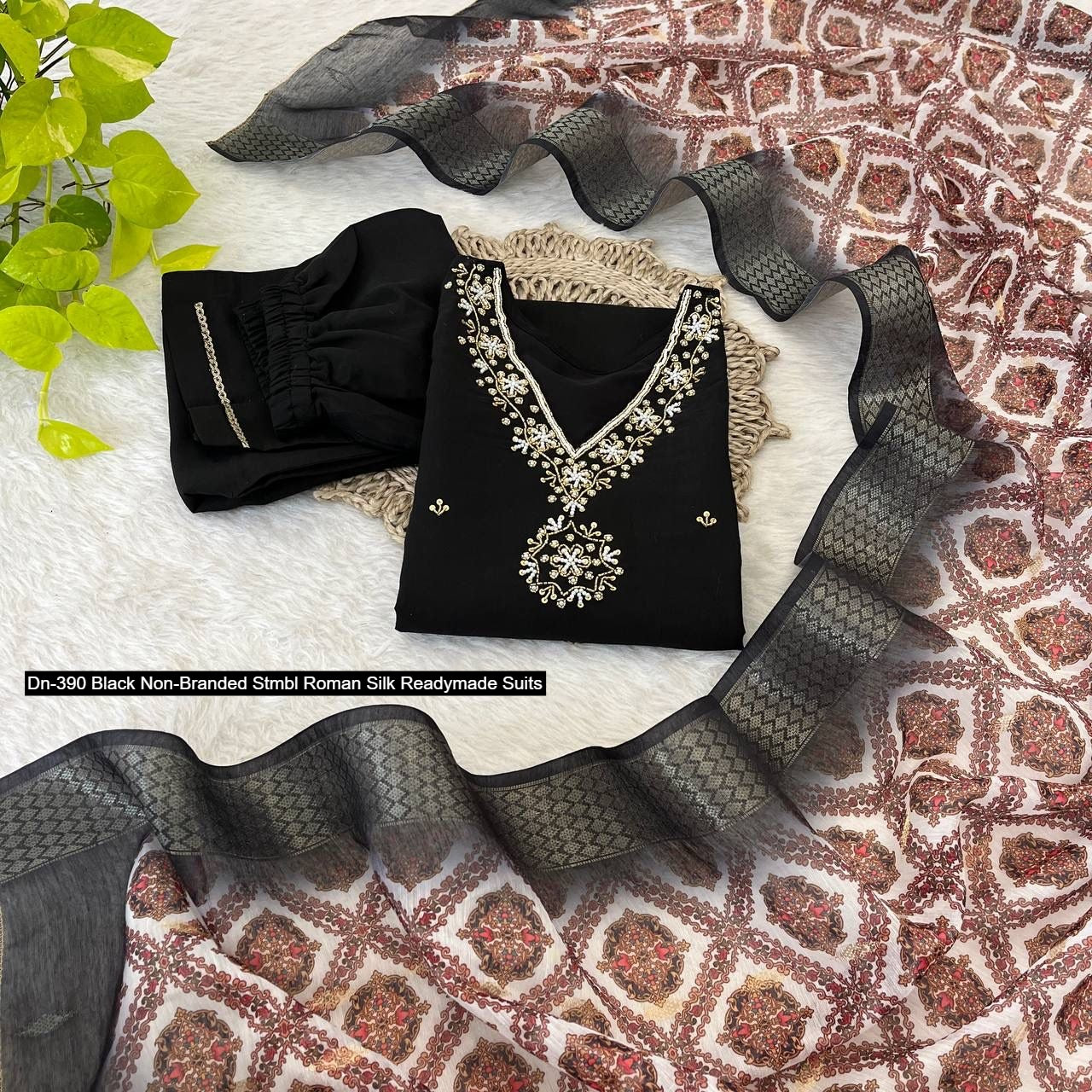 Dn-390 Black Non-Branded Stmbl Roman Silk Readymade Suits