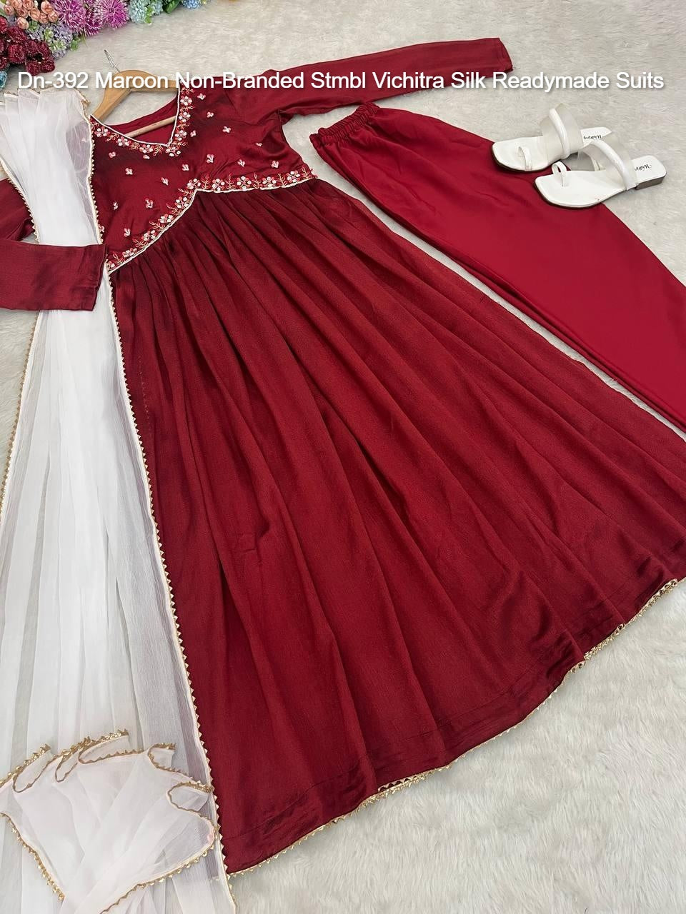 Dn-392 Maroon Non-Branded Stmbl Vichitra Silk Readymade Suits