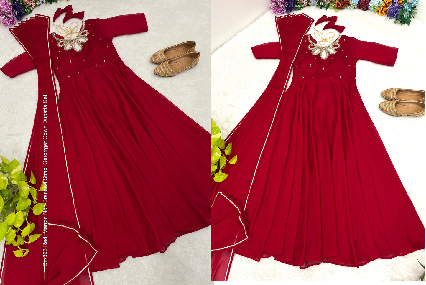 Dn-393 Red, Marron Non-Branded Stmbl Gerorrget Gown Dupatta Set