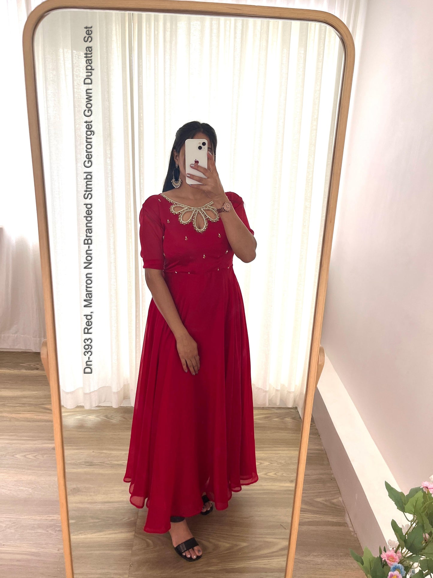 Dn-393 Red, Marron Non-Branded Stmbl Gerorrget Gown Dupatta Set