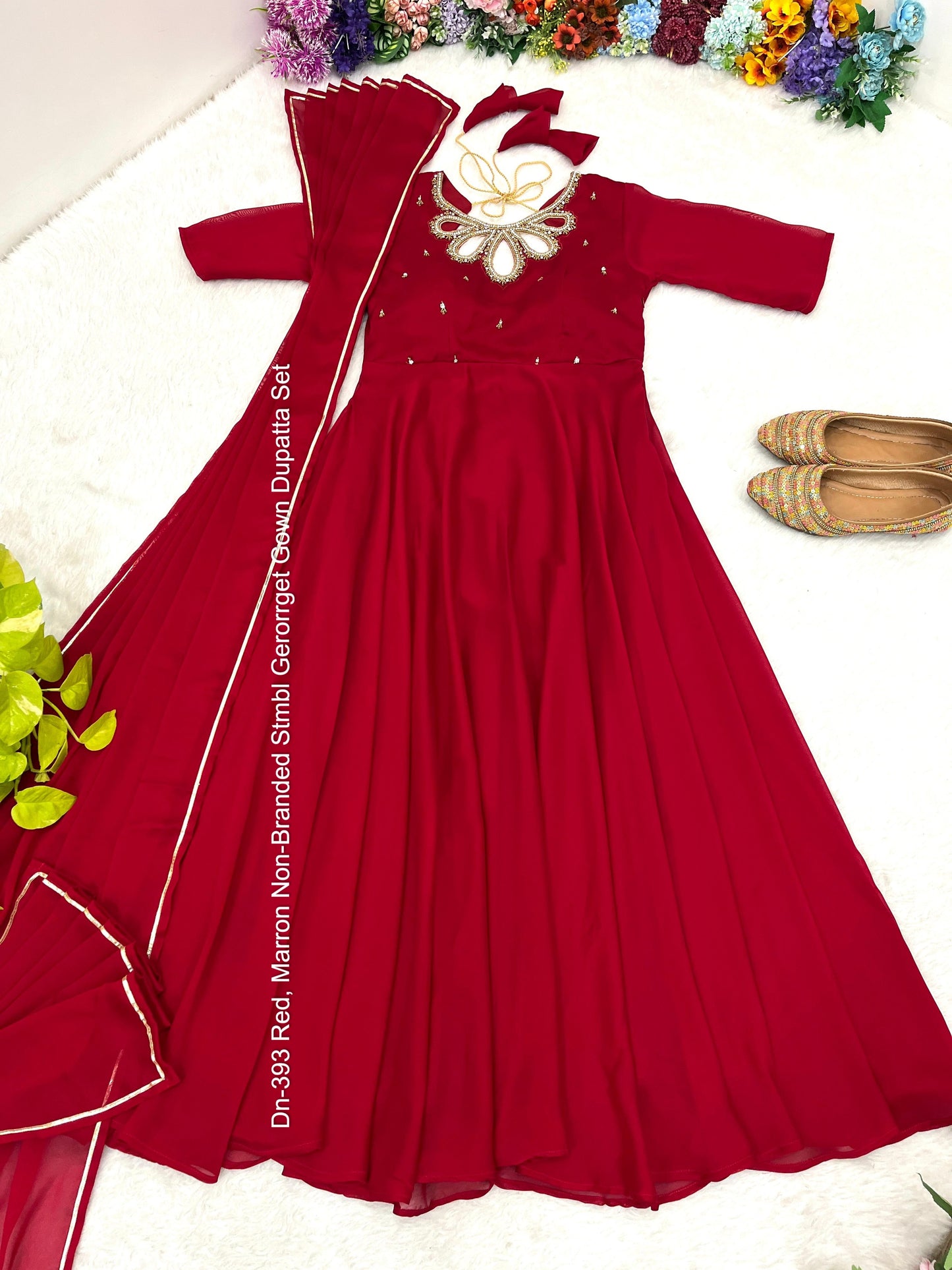 Dn-393 Red, Marron Non-Branded Stmbl Gerorrget Gown Dupatta Set