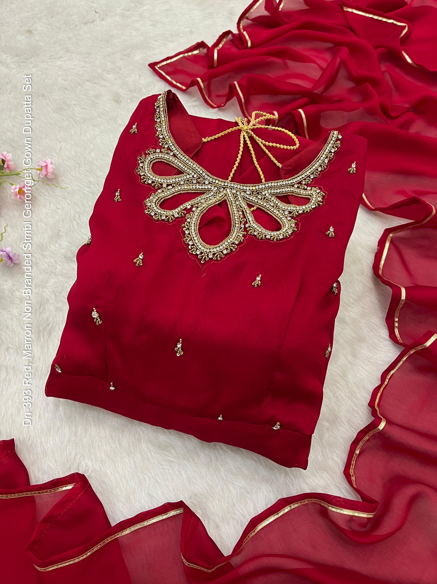 Dn-393 Red, Marron Non-Branded Stmbl Gerorrget Gown Dupatta Set