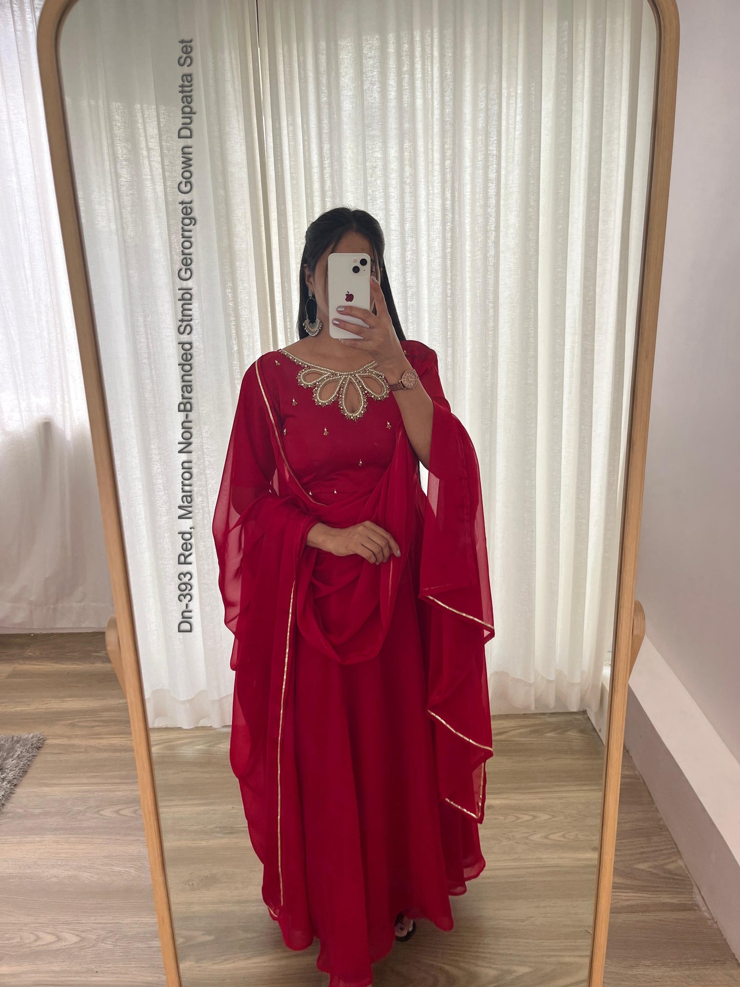 Dn-393 Red, Marron Non-Branded Stmbl Gerorrget Gown Dupatta Set