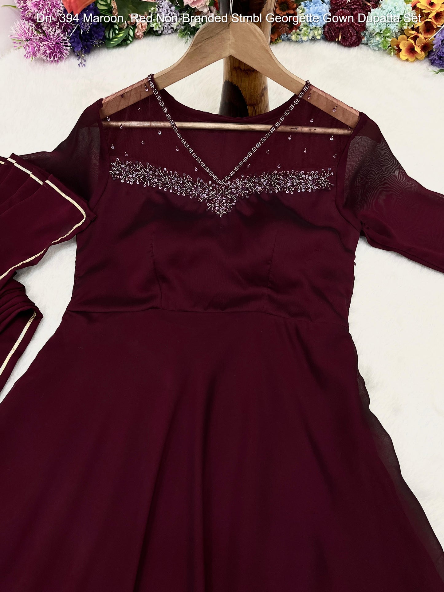 Dn- 394 Maroon, Red Non-Branded Stmbl Georgette Gown Dupatta Set