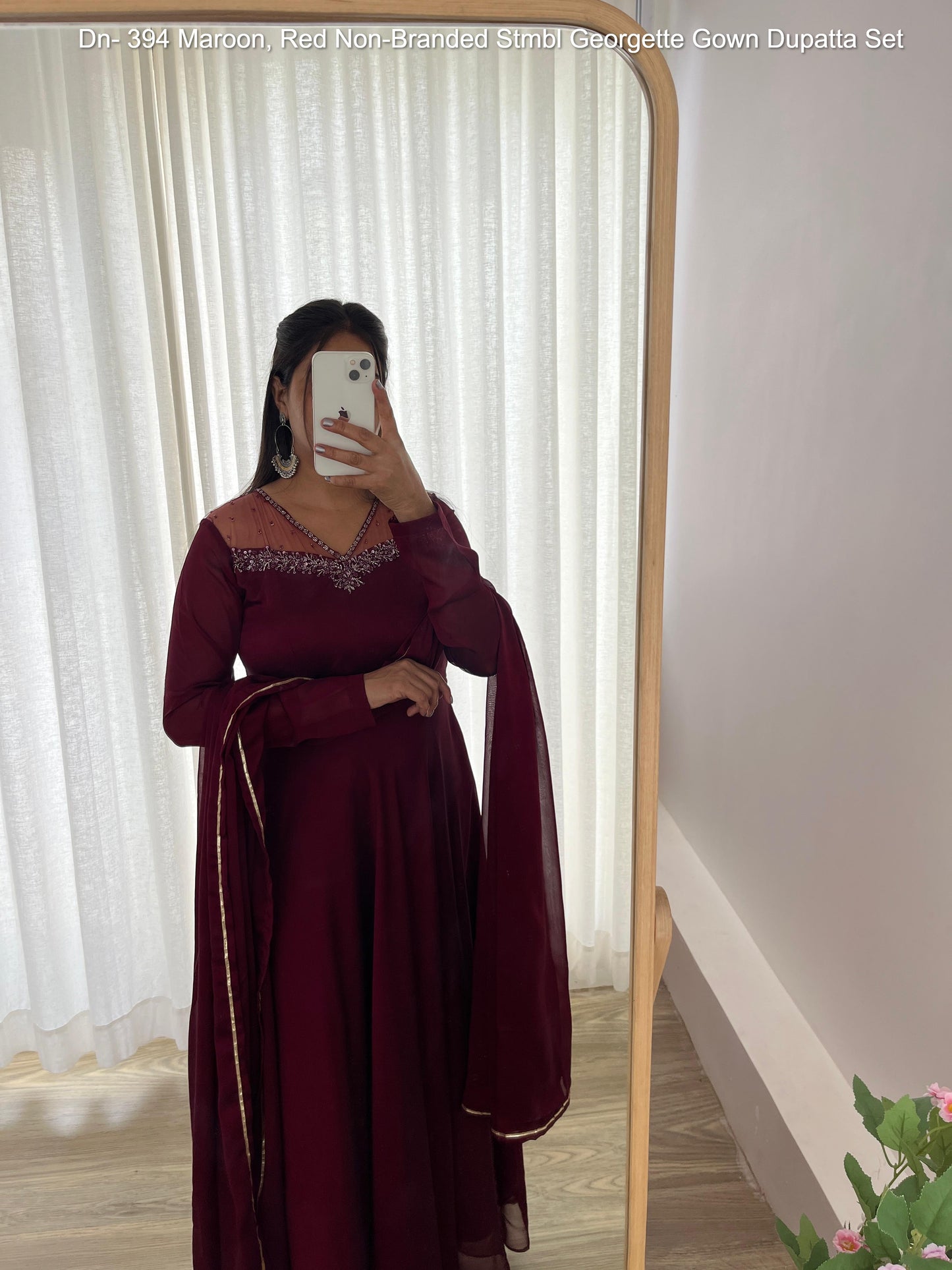Dn- 394 Maroon, Red Non-Branded Stmbl Georgette Gown Dupatta Set
