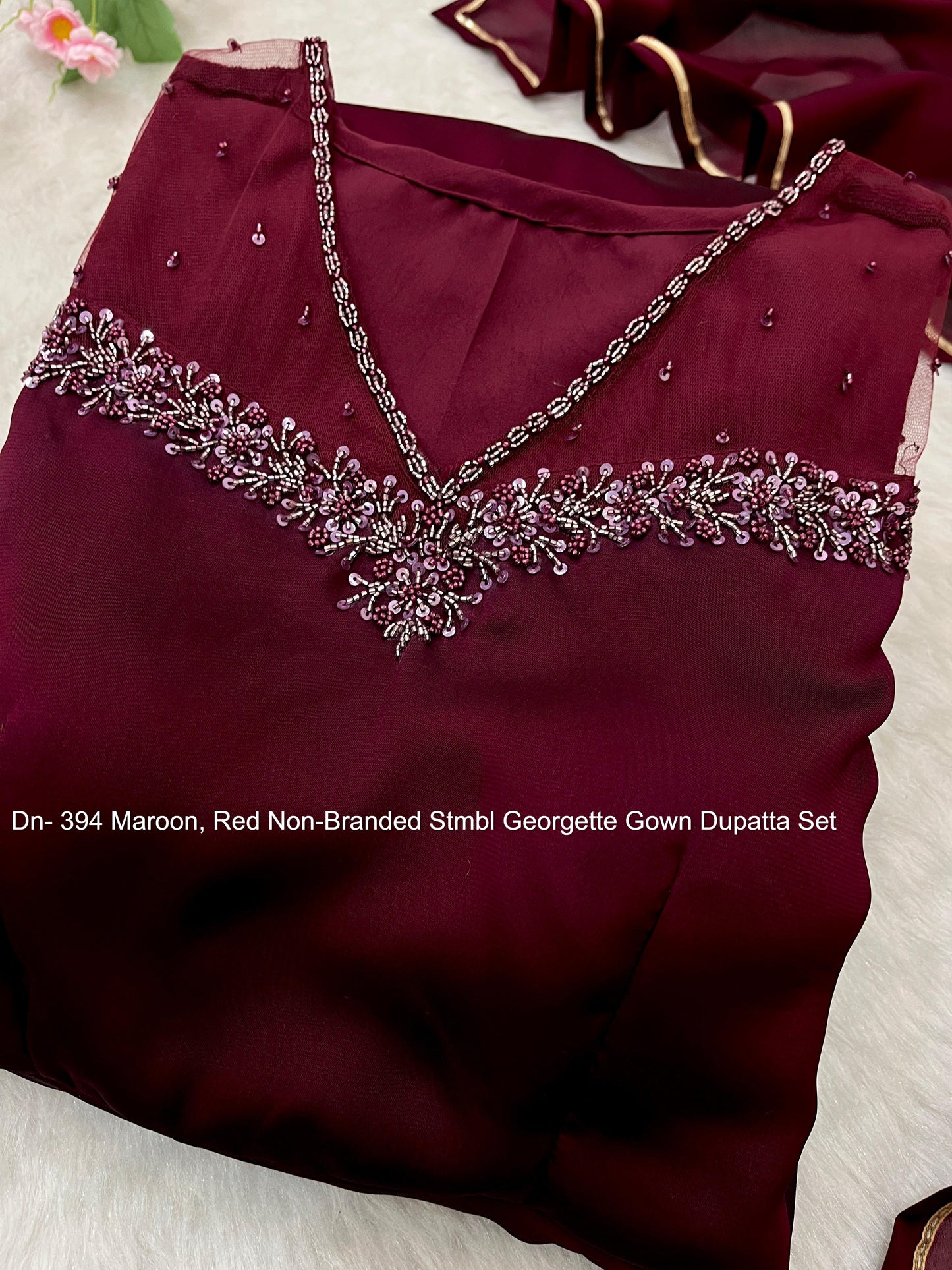 Dn- 394 Maroon, Red Non-Branded Stmbl Georgette Gown Dupatta Set