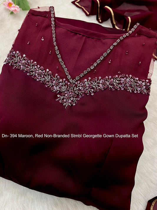 Dn- 394 Maroon, Red Non-Branded Stmbl Georgette Gown Dupatta Set