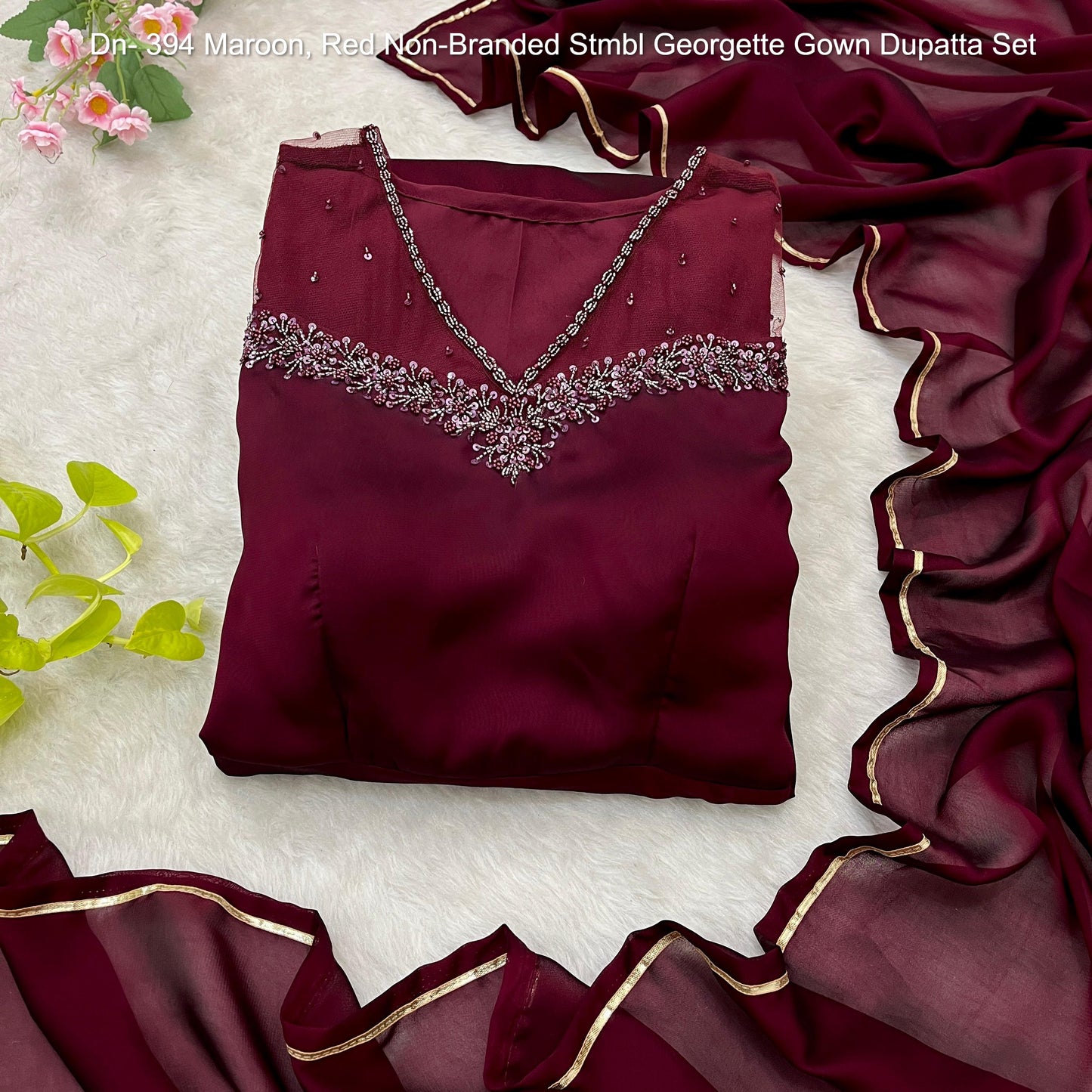 Dn- 394 Maroon, Red Non-Branded Stmbl Georgette Gown Dupatta Set
