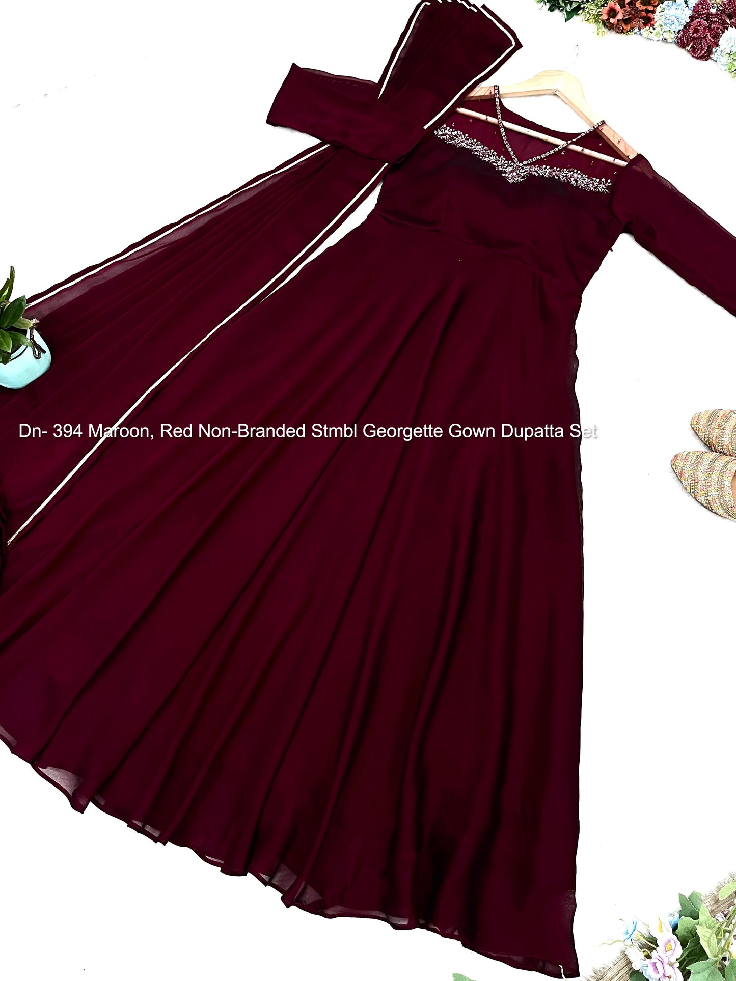 Dn- 394 Maroon, Red Non-Branded Stmbl Georgette Gown Dupatta Set