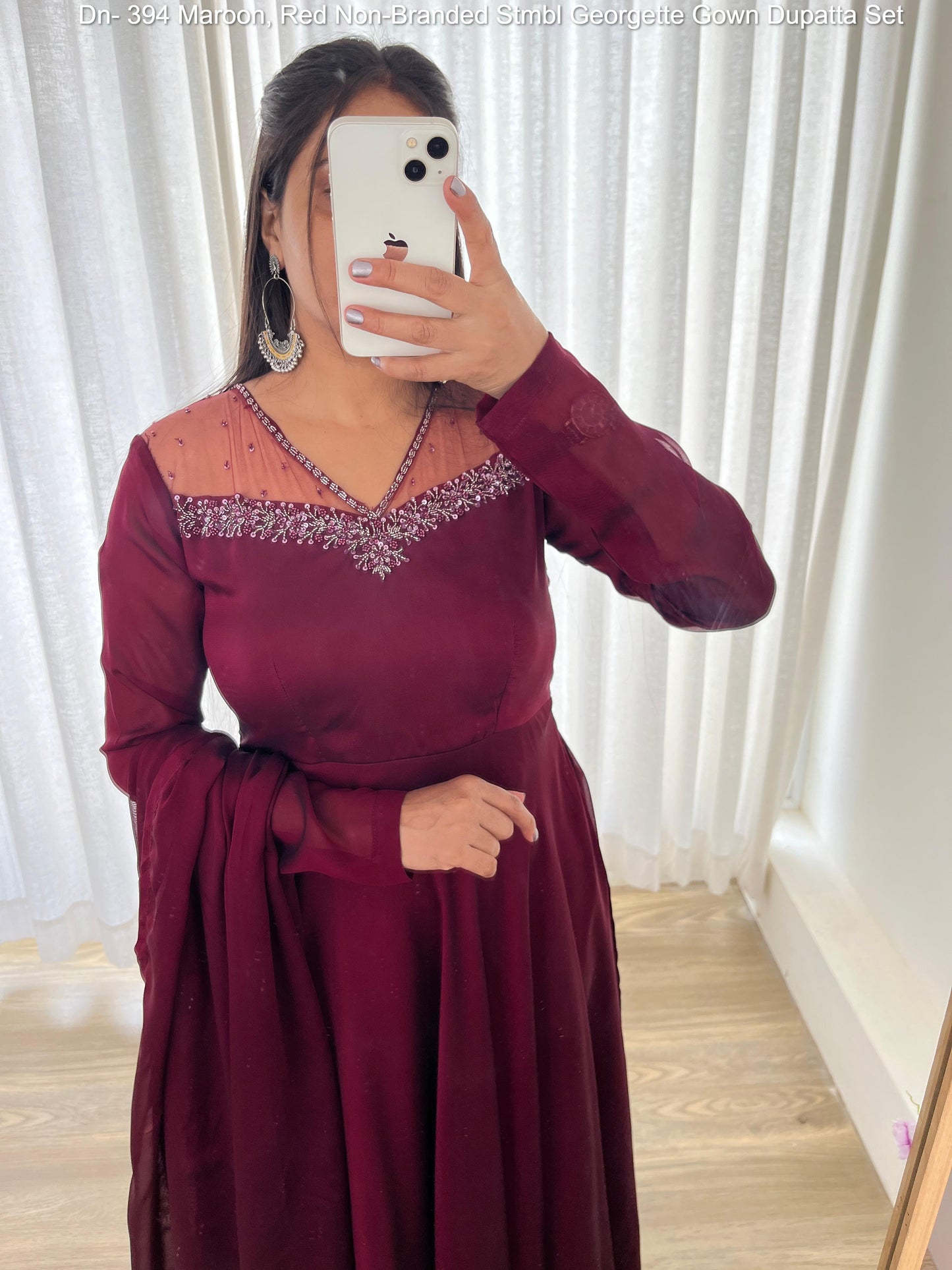 Dn- 394 Maroon, Red Non-Branded Stmbl Georgette Gown Dupatta Set