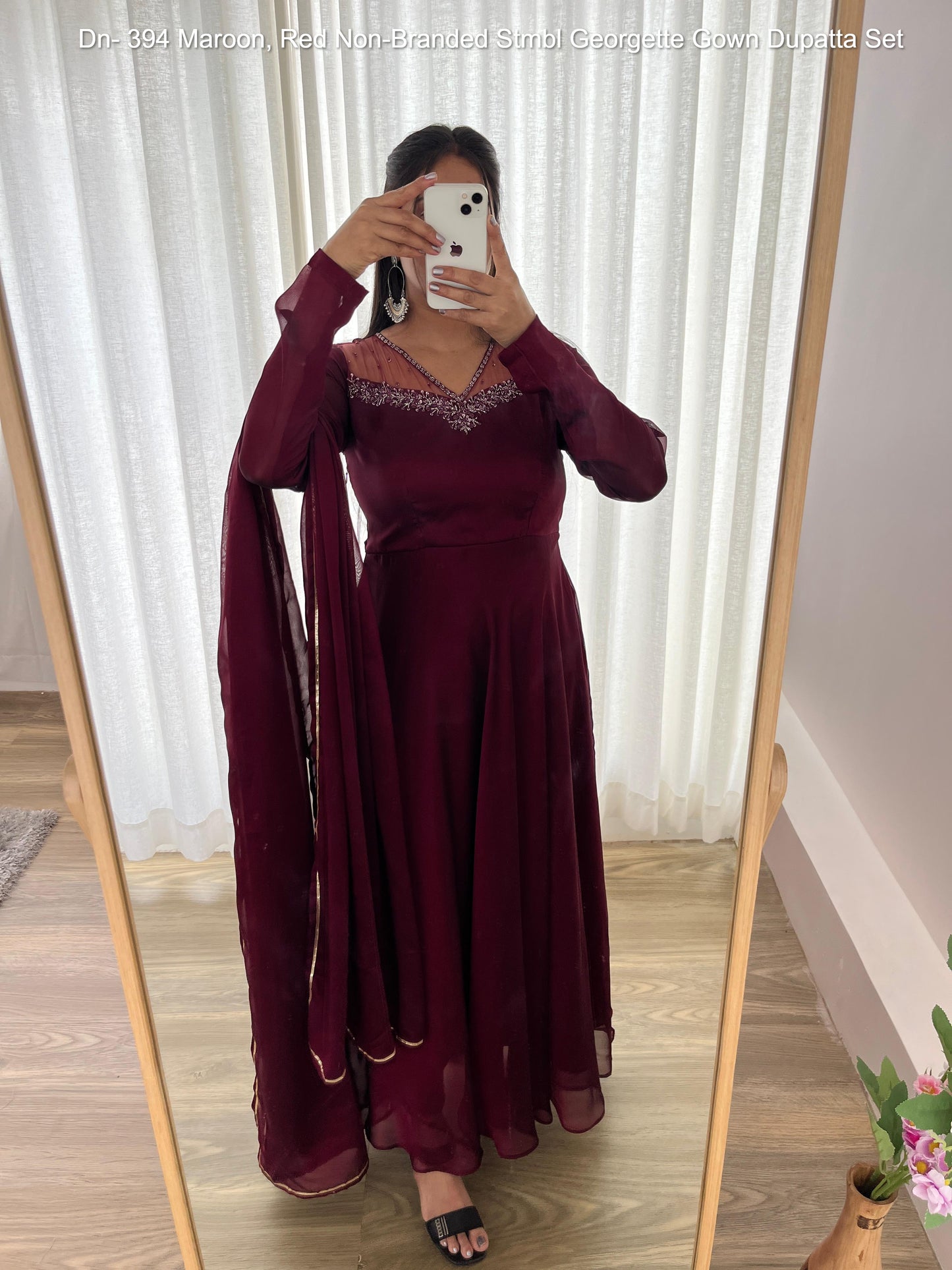 Dn- 394 Maroon, Red Non-Branded Stmbl Georgette Gown Dupatta Set