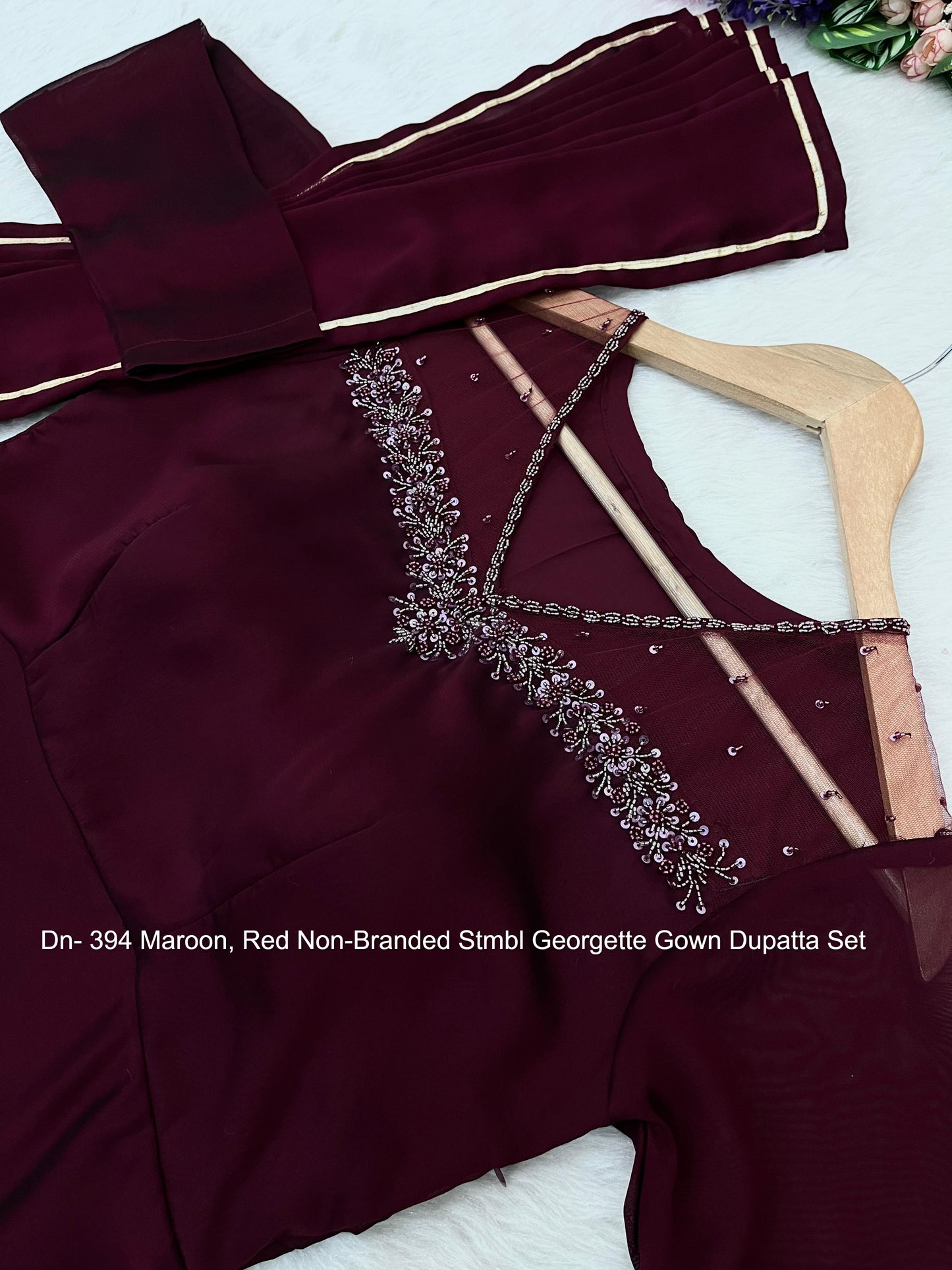 Dn- 394 Maroon, Red Non-Branded Stmbl Georgette Gown Dupatta Set