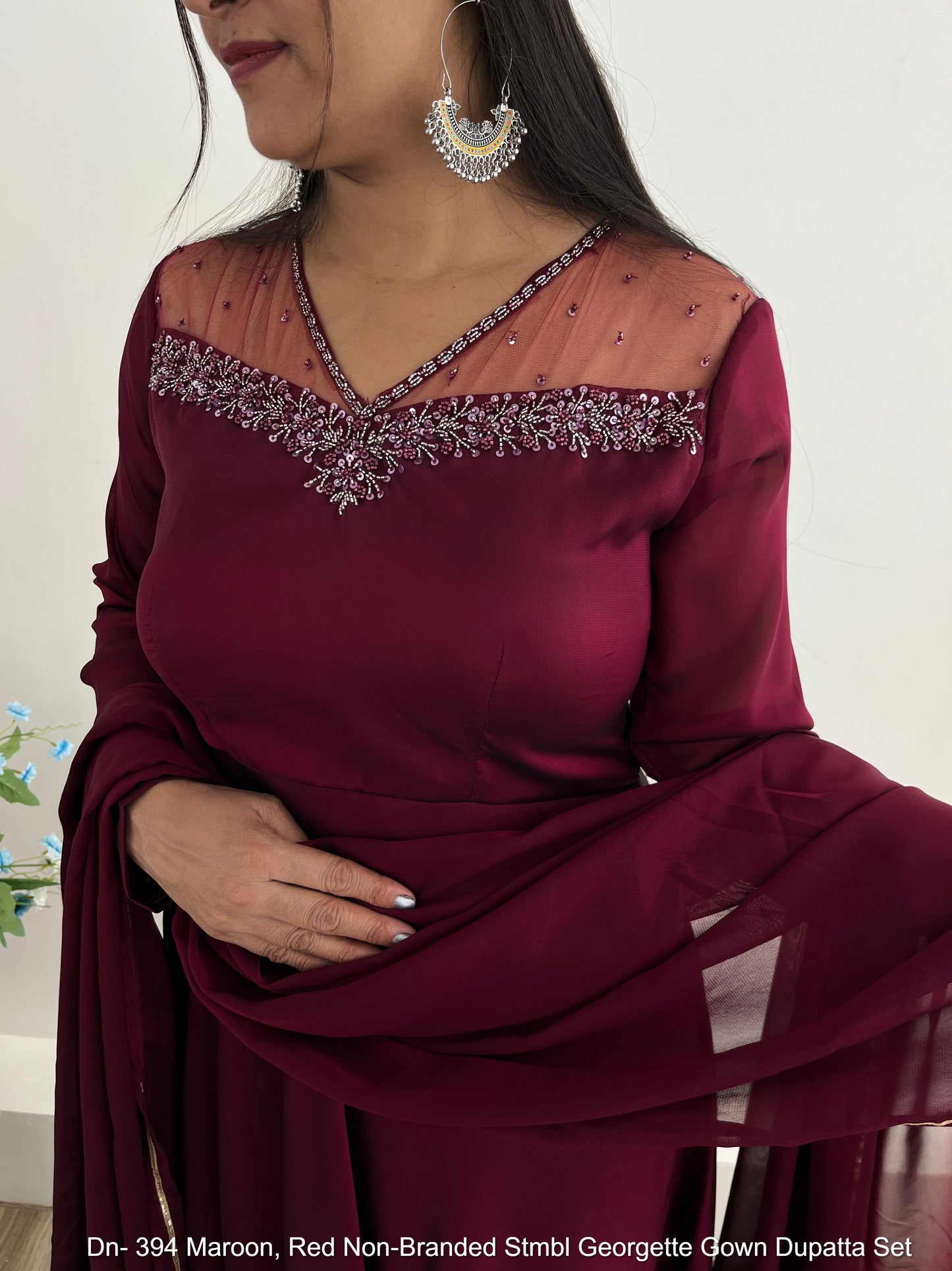 Dn- 394 Maroon, Red Non-Branded Stmbl Georgette Gown Dupatta Set