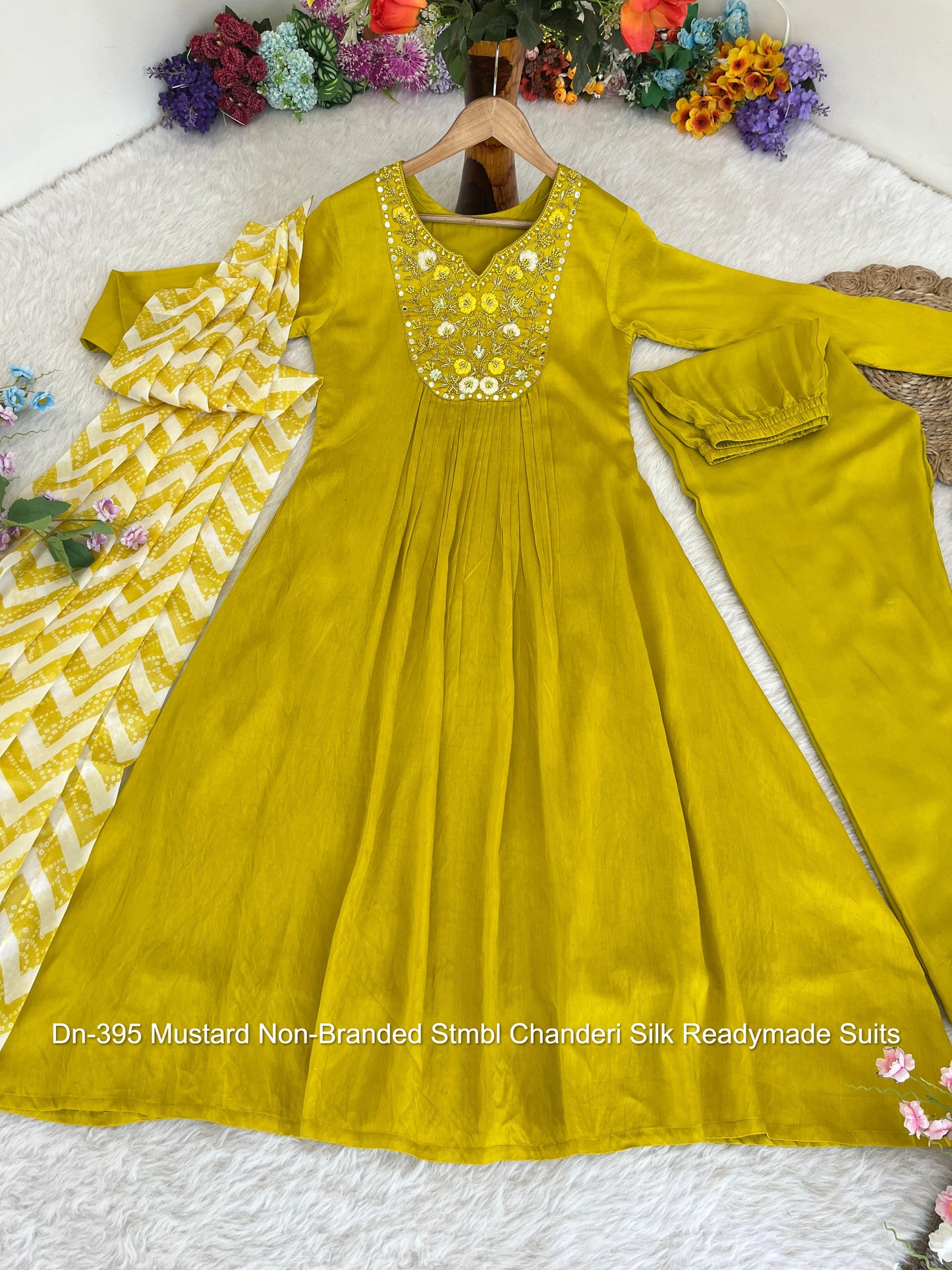 Dn-395 Mustard Non-Branded Stmbl Chanderi Silk Readymade Suits