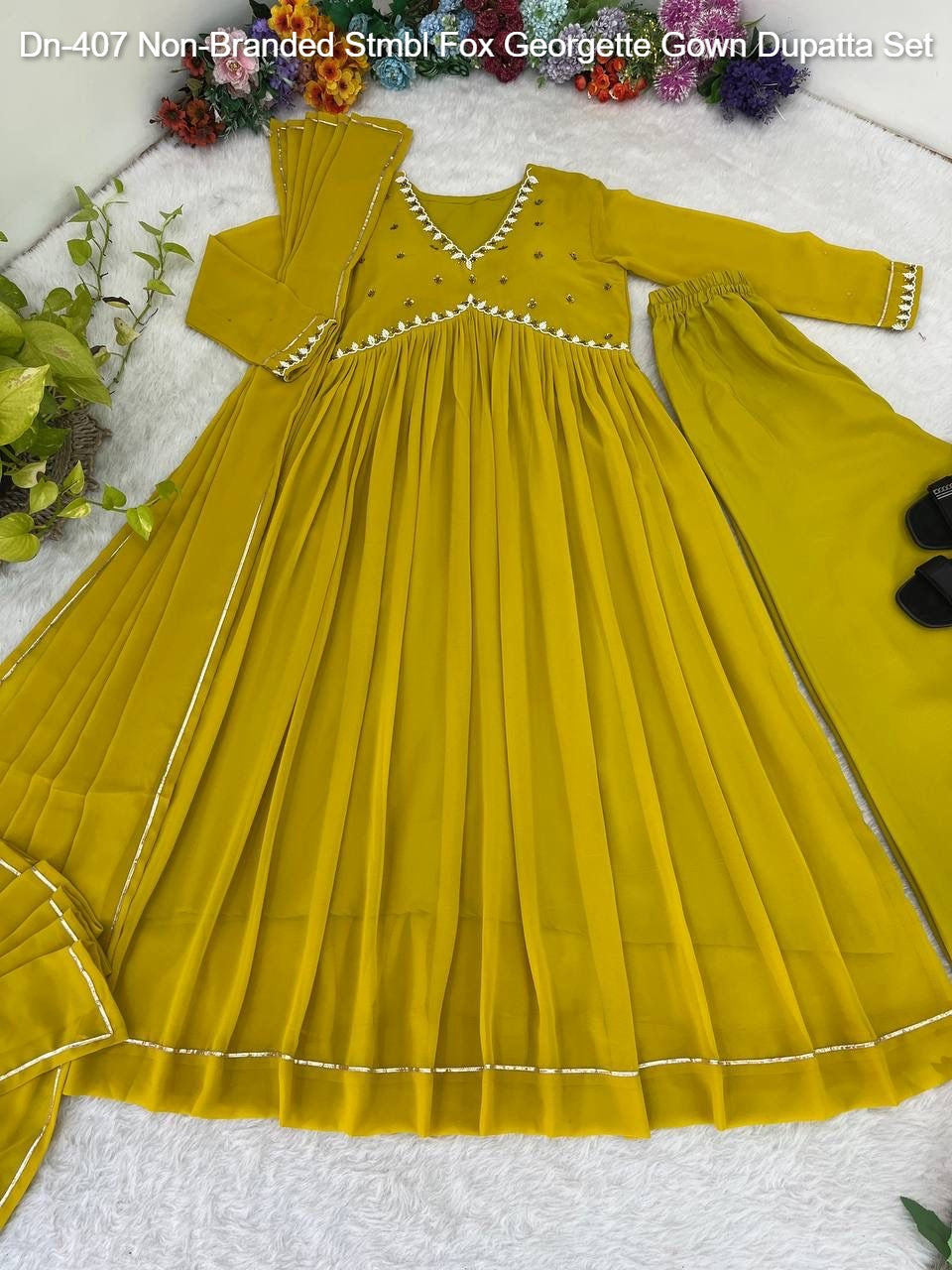 Dn-407 Non-Branded Stmbl Fox Georgette Gown Dupatta Set