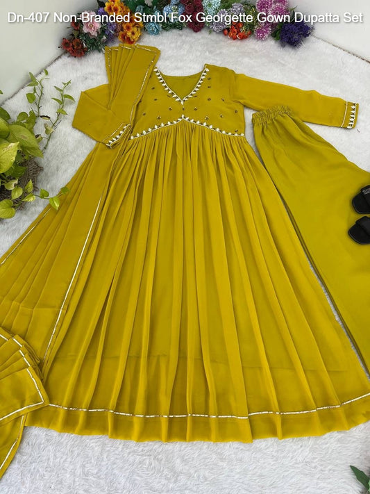 Dn-407 Non-Branded Stmbl Fox Georgette Gown Dupatta Set