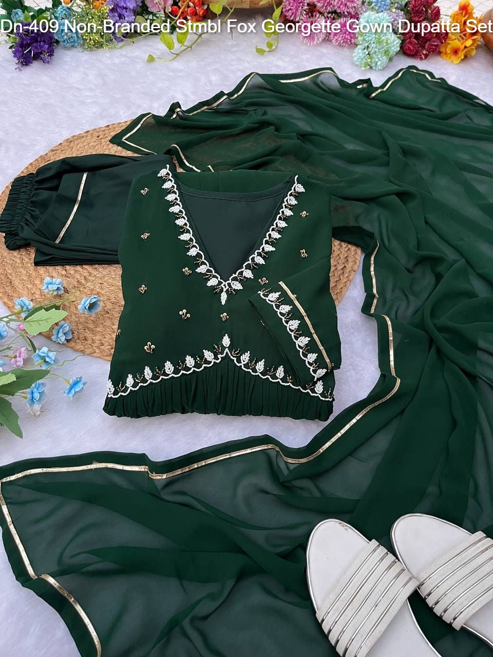 Dn-409 Non-Branded Stmbl Fox Georgette Gown Dupatta Set