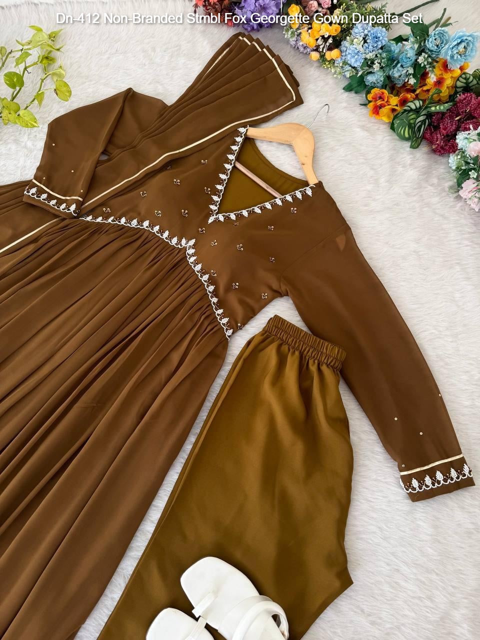 Dn-412 Non-Branded Stmbl Fox Georgette Gown Dupatta Set