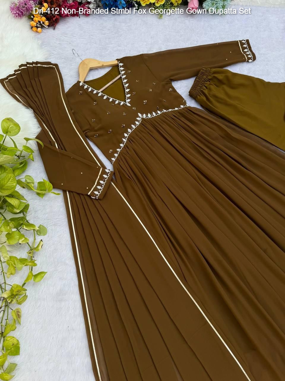 Dn-412 Non-Branded Stmbl Fox Georgette Gown Dupatta Set
