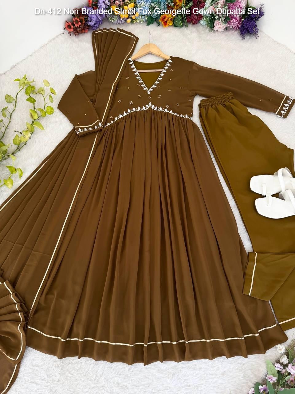 Dn-412 Non-Branded Stmbl Fox Georgette Gown Dupatta Set
