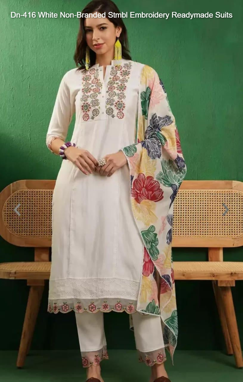 Dn-416 White Non-Branded Stmbl Embroidery Readymade Suits