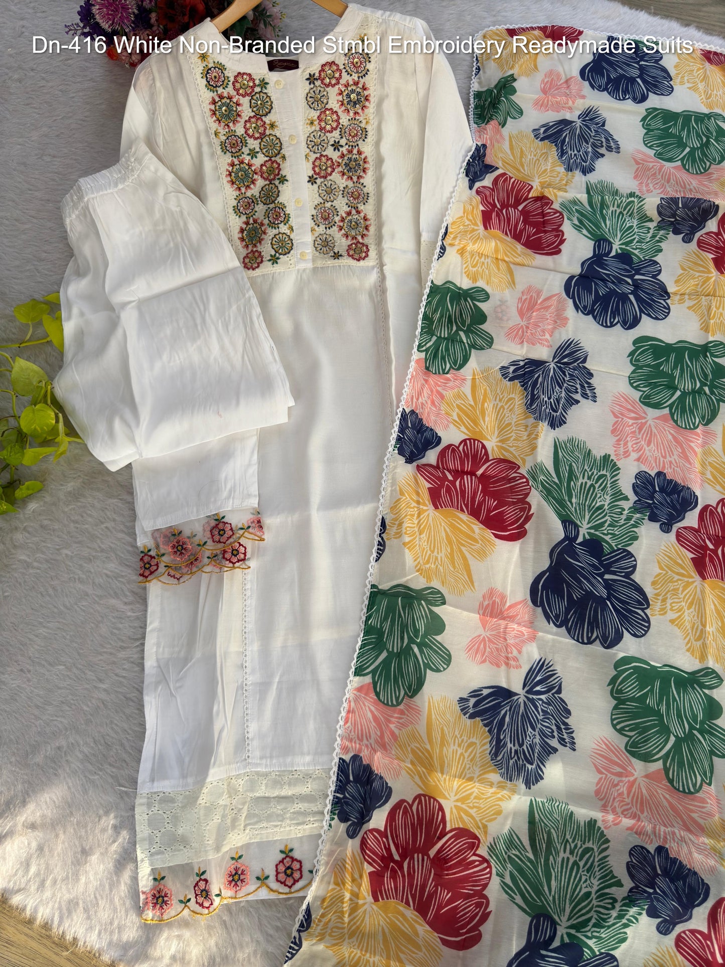 Dn-416 White Non-Branded Stmbl Embroidery Readymade Suits