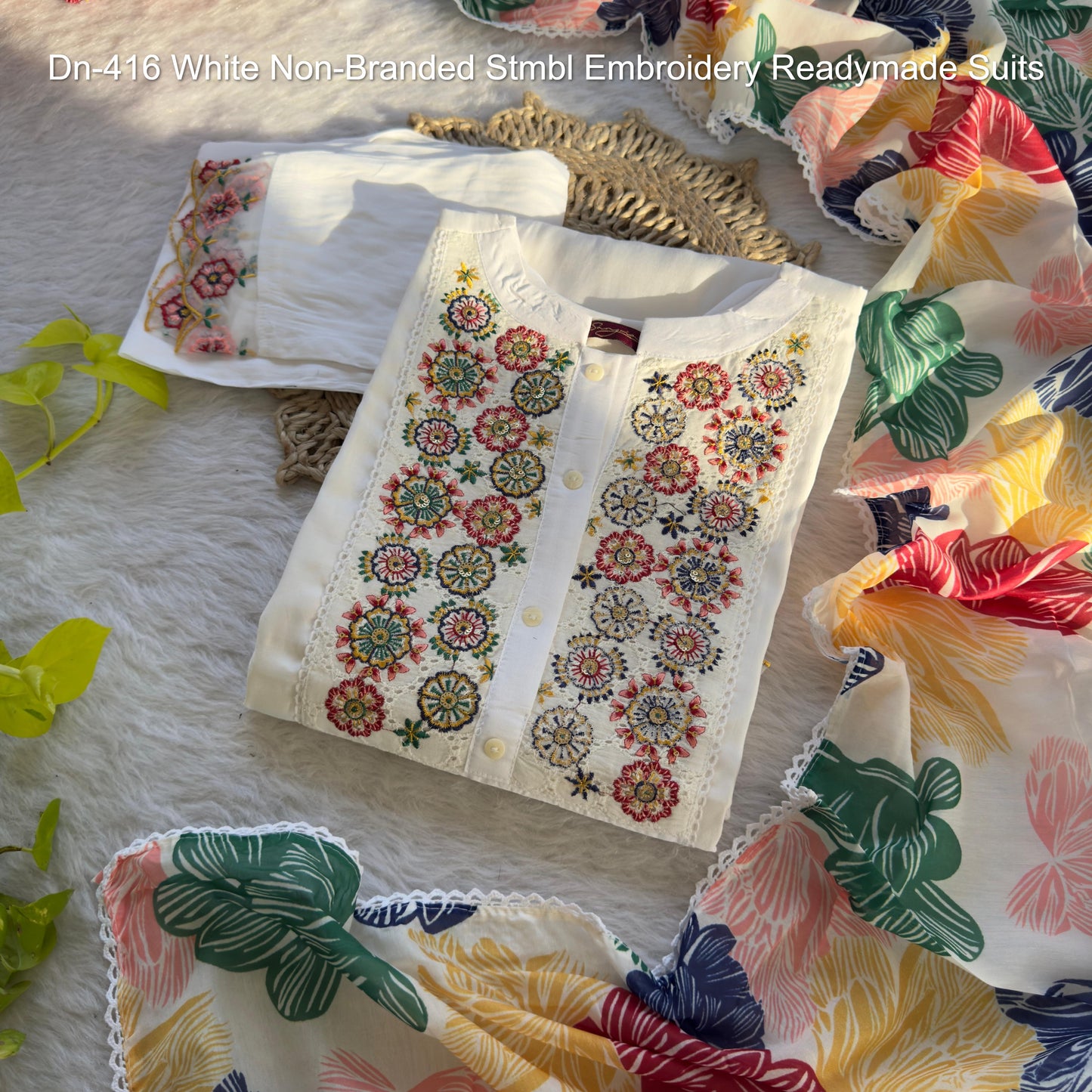 Dn-416 White Non-Branded Stmbl Embroidery Readymade Suits