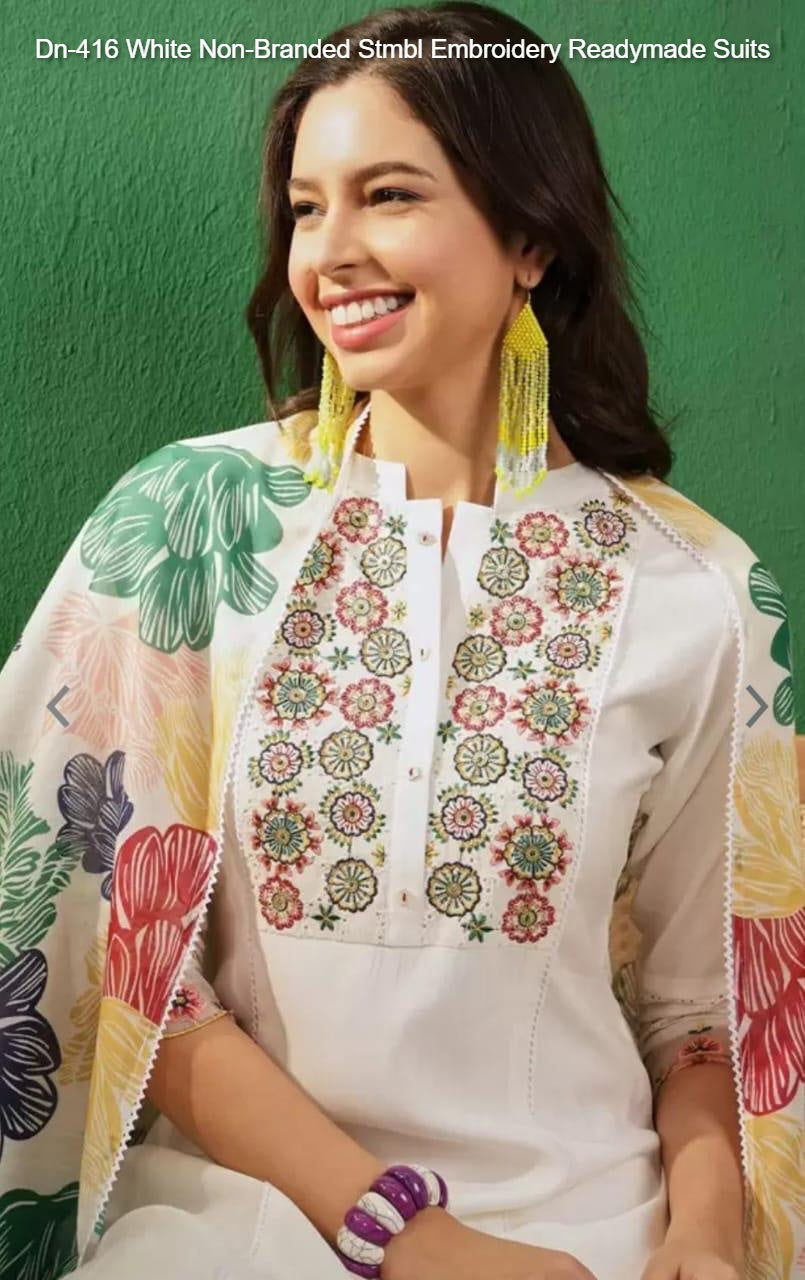 Dn-416 White Non-Branded Stmbl Embroidery Readymade Suits