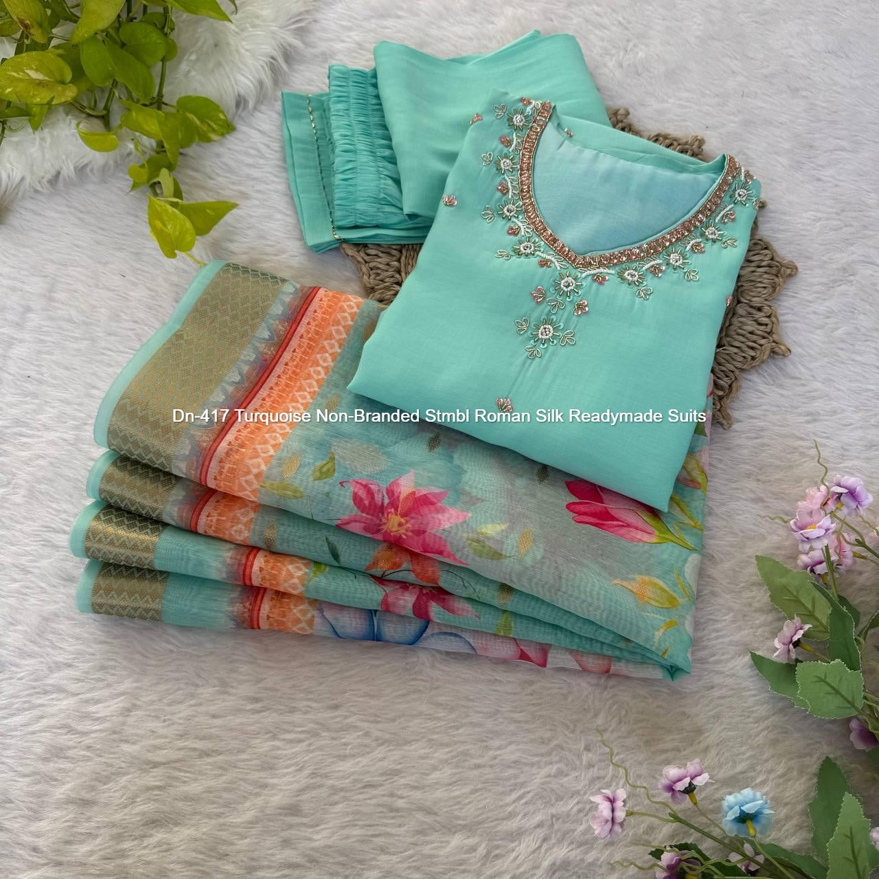 Dn-417 Turquoise Non-Branded Stmbl Roman Silk Readymade Suits