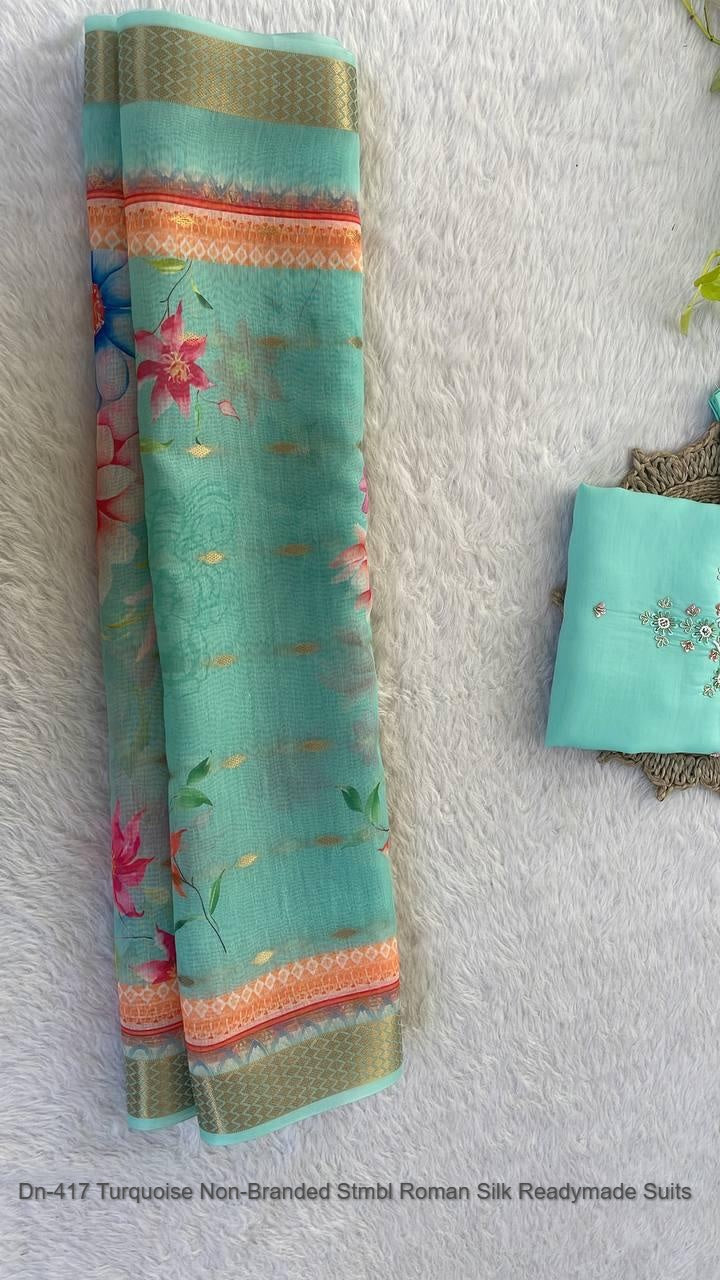 Dn-417 Turquoise Non-Branded Stmbl Roman Silk Readymade Suits
