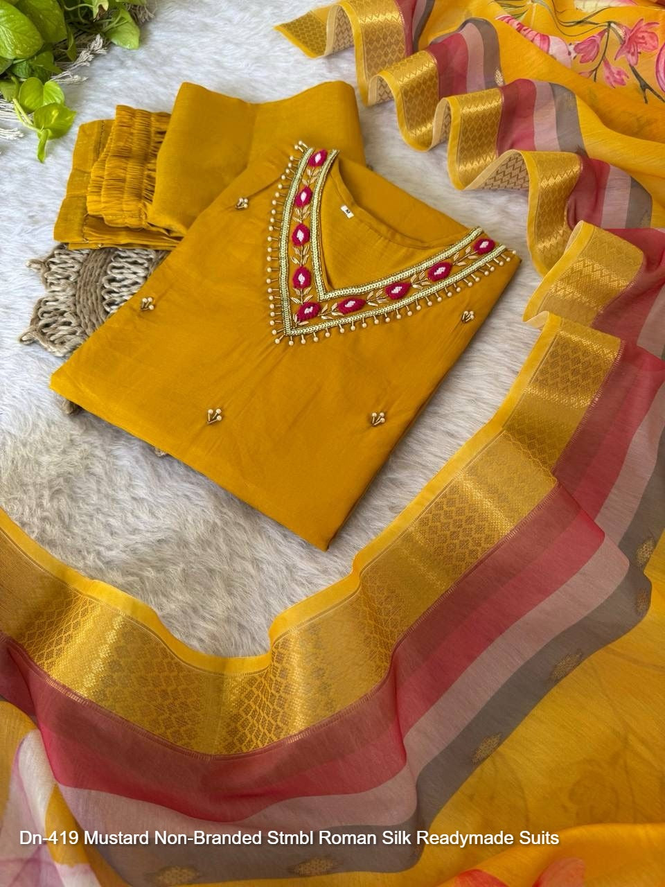 Dn-419 Mustard Non-Branded Stmbl Roman Silk Readymade Suits