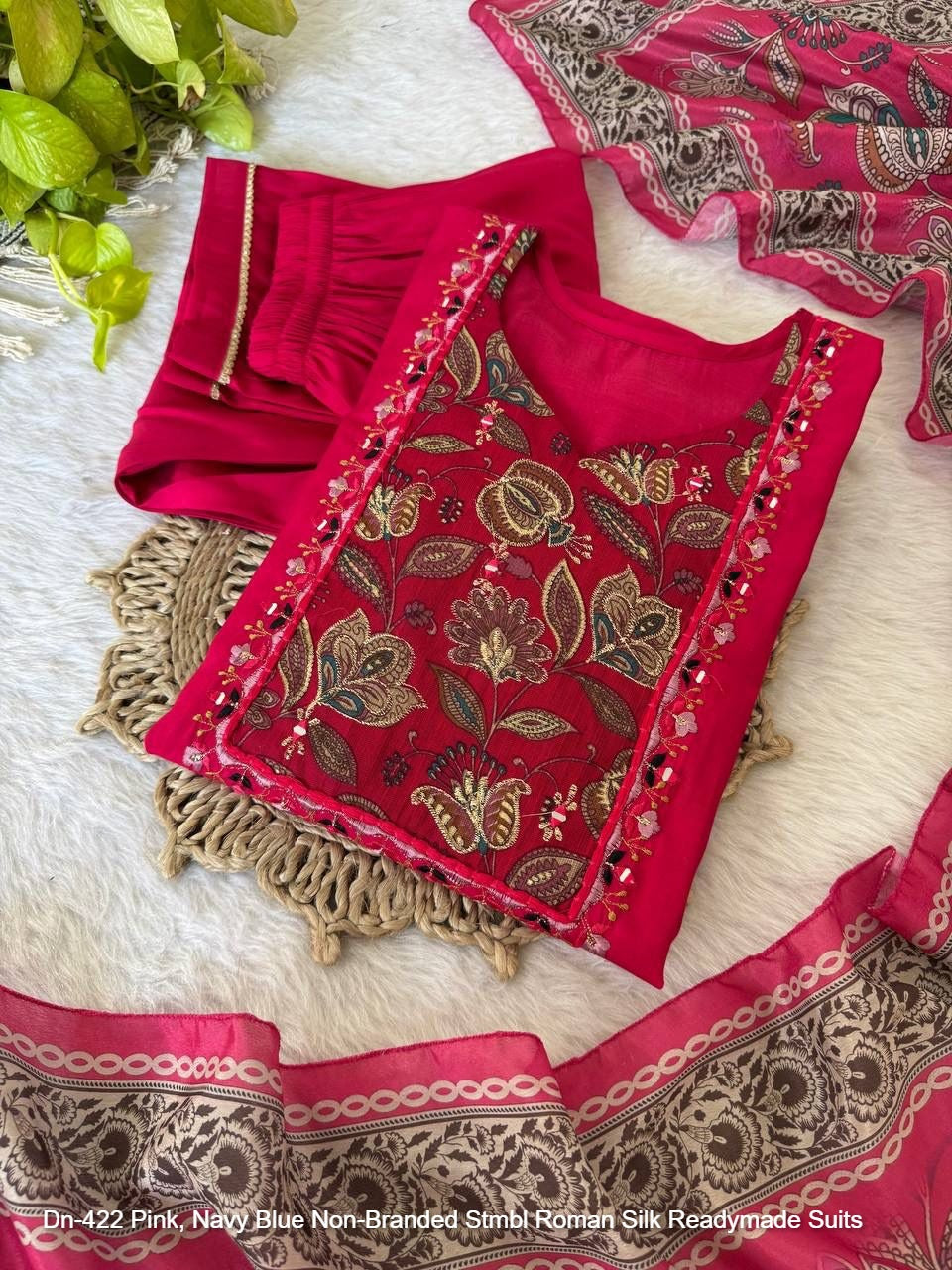 Dn-422 Pink, Navy Blue Non-Branded Stmbl Roman Silk Readymade Suits