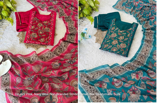 Dn-422 Pink, Navy Blue Non-Branded Stmbl Roman Silk Readymade Suits