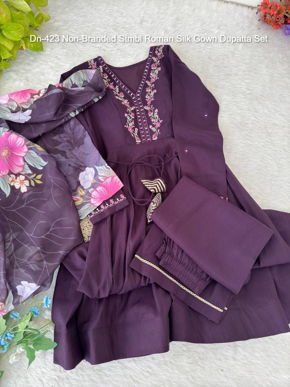 Dn-423 Non-Branded Stmbl Roman Silk Gown Dupatta Set